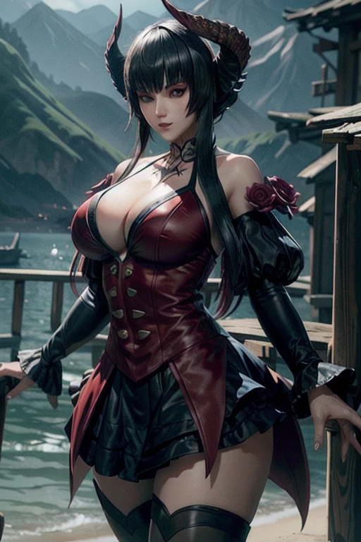 uma foto profissional de Eliza From Tekken, vestindo uma regata cinza sem mangas com decote em V muito longo, sainha curta preta, dynamic pose standing sunbathing, ((pele extremamente detalhada)), (olhos perfeitos), (((perfect hands))), (curvy hips:0.8), (cinematic lighting), (desaturado:1.05), 8k, dslr, (Bokeh), ultra high resolution