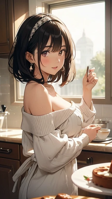 masterpiece, 1girl, Amazing Cleavage:1.3, thin waist, big ass, Raised sexy, medium breast:1.3,posed cleavage:1.2,solo, looking at viewer, open mouth, have a cup of coffee,black hair, red eyes, dress, bare shoulders, jewelry, collarbone, sidelocks, hairband, earrings, indoors, off shoulder, :o, sweater, arms behind back, plant, short hair with long locks, white hairband, off-shoulder dress, sweater dress, off-shoulder sweater, red sweater, big side hair, very long side hair,is rendered in (masterpiece: 1.2, best quality), with (ultra high resolution) and an exquisite (depth of field). This masterpiece is not only visually stunning but also tells, make of cooking some cakes ,in the kitchen ,(beautiful scenery), upper eyes, (with sparkling eyes and a contagious smile:1.0),looking at Viewer
