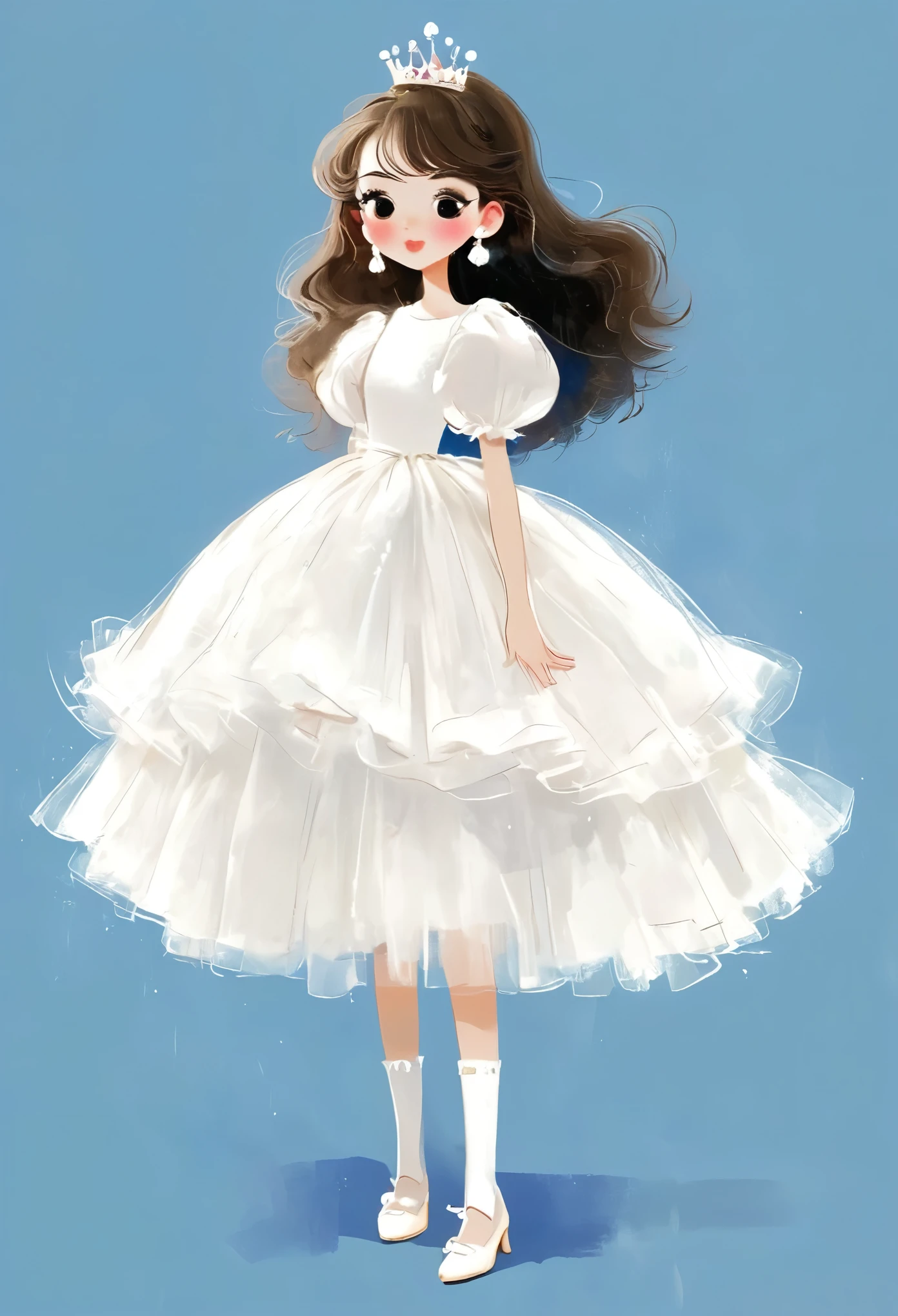 Rough texture,Hand-drawn style,sketch:1 Girl,elegant,Fluffy Skirt,Puff sleeves,Princess dress,stocking,shoe,earrings,Clean background,Solitary,