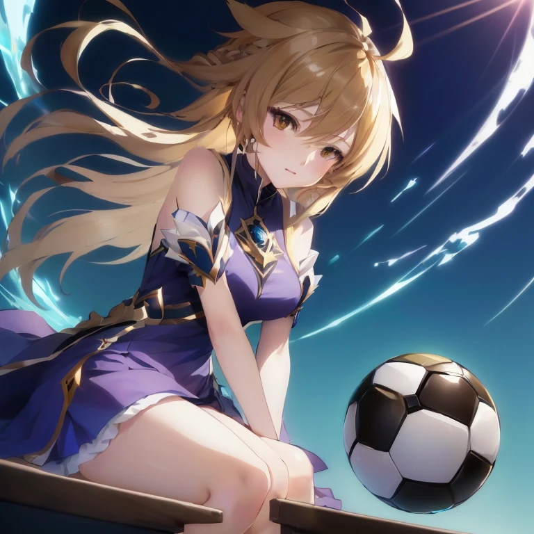 anime girl with long blonde hair sitting on a ledge with a soccer ball, ayaka genshin impact, marin kitagawa fanart, ayaka game genshin impact, splash art anime , anime moe artstyle, official artwork, (anime girl), high quality anime artstyle, anime best girl, official anime artwork, rin, official art