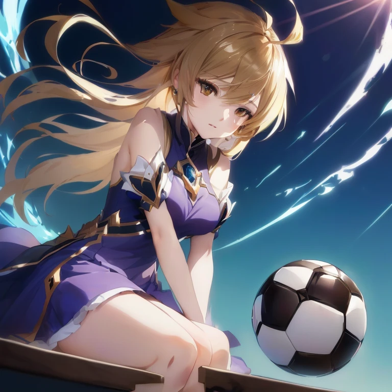 anime girl with long blonde hair sitting on a ledge with a soccer ball, ayaka genshin impact, marin kitagawa fanart, ayaka game genshin impact, splash art anime , anime moe artstyle, official artwork, (anime girl), high quality anime artstyle, anime best girl, official anime artwork, rin, official art