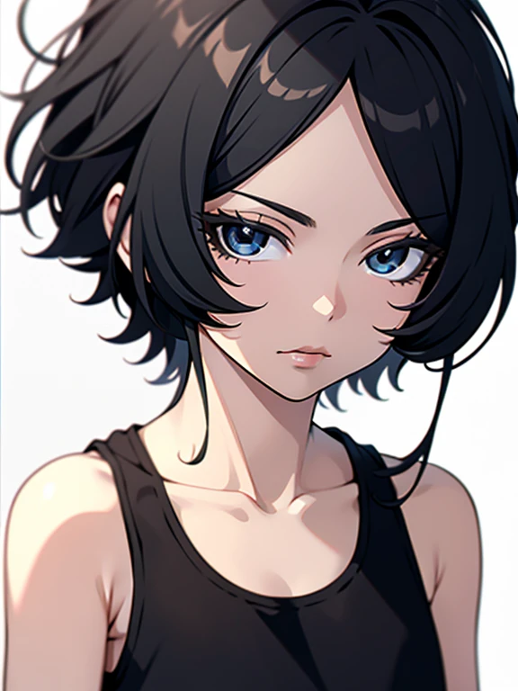 masterpiece,highest quality,Beautiful face and eyes in every detail,(black eyes),solo,skinny、flat chest、 black hair,(very short hair),forehead,swept bangs,(white tank top),white background:1.2,dynamic angle