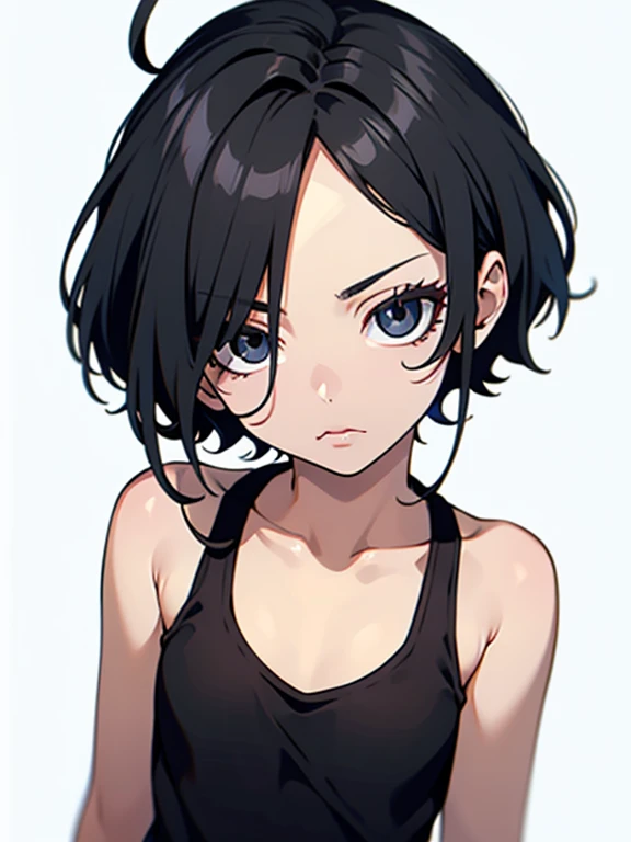 masterpiece,highest quality,Beautiful face and eyes in every detail,(black eyes),solo,skinny、flat chest、 black hair,(very short hair),forehead,swept bangs,(white tank top),white background:1.2,dynamic angle
