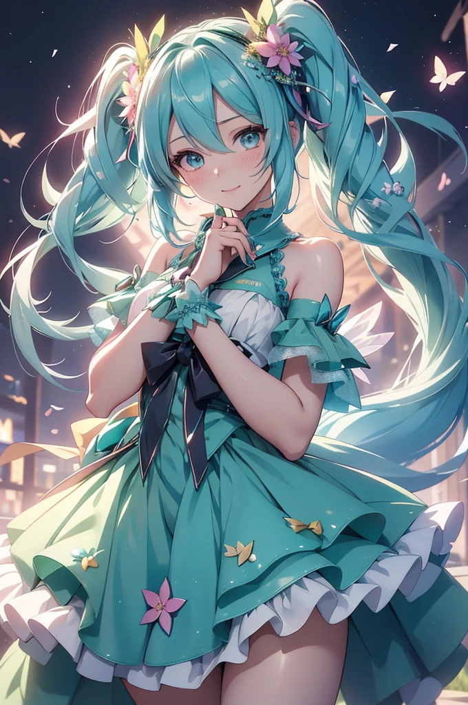 (best quality,4k,8k,highres,masterpiece:1.2),ultra-detailed,(realistic,photorealistic,photo-realistic:1.37),acrylic painting,Hatsune Miku in a Lolita dress with downy hair,Hatsune Miku with extremely colorful hair and detailed facial features,Hatsune Miku standing in a beautiful garden surrounded by a starry sky,Hatsune Miku wearing a vibrant Lolita dress,Hatsune Miku with intricate accessories and a matching hat,Hatsune Miku posing gracefully with her hands on her hips,Hatsune Miku with long flowing twintails,Hatsune Miku with bright blue eyes and rosy lips,Hatsune Miku with a joyful expression,Hatsune Miku in a dynamic pose with cherry blossoms falling around her,Hatsune Miku surrounded by colorful flowers and butterflies,Hatsune Miku's dress adorned with cute bows and lace details,Hatsune Miku with an enchanting smile,Hatsune Miku with soft, pastel-colored shading,Hatsune Miku with a magical glow illuminating her,Hatsune Miku in a picturesque setting with a winding path leading to a magnificent castle,Hatsune Miku holding a microphone and singing passionately,Hatsune Miku with a fairytale-like background,Hatsune Miku with a soft, dreamy atmosphere,Hatsune Miku with a subtle bokeh effect,Hatsune Miku standing under a moonlit sky,Hatsune Miku with a warm, golden sunset in the background,Hatsune Miku surrounded by twinkling stars and colorful nebulae,creating an ethereal and captivating artistic masterpiece.