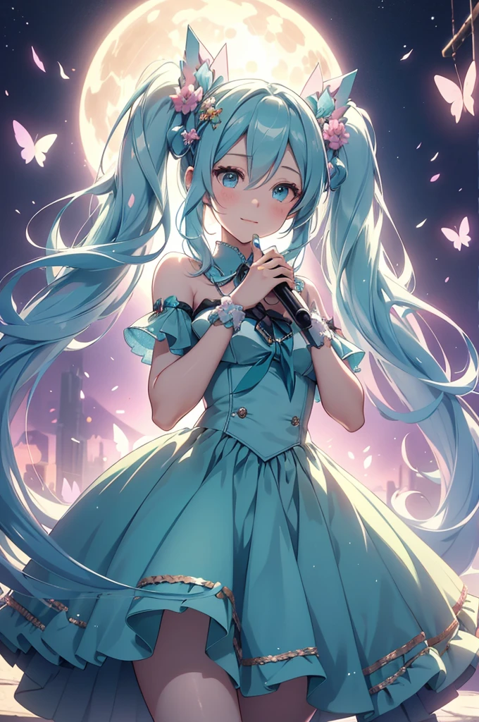 (best quality,4k,8k,highres,masterpiece:1.2),ultra-detailed,(realistic,photorealistic,photo-realistic:1.37),acrylic painting,Hatsune Miku in a Lolita dress with downy hair,Hatsune Miku with extremely colorful hair and detailed facial features,Hatsune Miku standing in a beautiful garden surrounded by a starry sky,Hatsune Miku wearing a vibrant Lolita dress,Hatsune Miku with intricate accessories and a matching hat,Hatsune Miku posing gracefully with her hands on her hips,Hatsune Miku with long flowing twintails,Hatsune Miku with bright blue eyes and rosy lips,Hatsune Miku with a joyful expression,Hatsune Miku in a dynamic pose with cherry blossoms falling around her,Hatsune Miku surrounded by colorful flowers and butterflies,Hatsune Miku's dress adorned with cute bows and lace details,Hatsune Miku with an enchanting smile,Hatsune Miku with soft, pastel-colored shading,Hatsune Miku with a magical glow illuminating her,Hatsune Miku in a picturesque setting with a winding path leading to a magnificent castle,Hatsune Miku holding a microphone and singing passionately,Hatsune Miku with a fairytale-like background,Hatsune Miku with a soft, dreamy atmosphere,Hatsune Miku with a subtle bokeh effect,Hatsune Miku standing under a moonlit sky,Hatsune Miku with a warm, golden sunset in the background,Hatsune Miku surrounded by twinkling stars and colorful nebulae,creating an ethereal and captivating artistic masterpiece. 