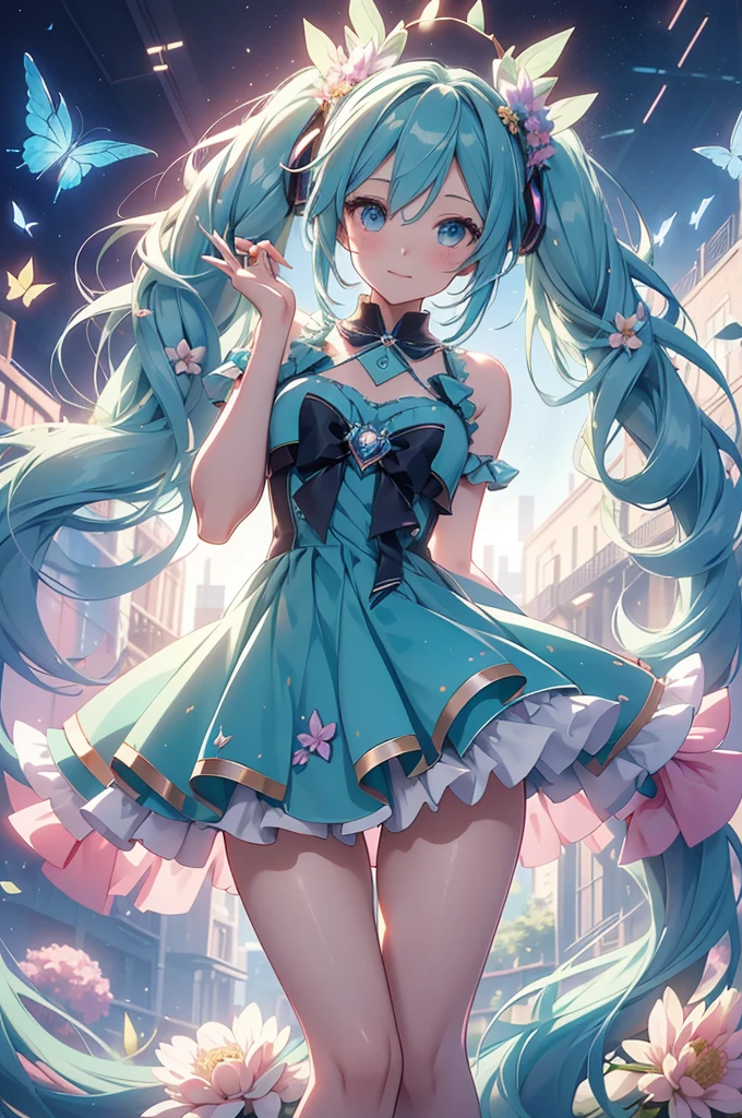 (best quality,4k,8k,highres,masterpiece:1.2),ultra-detailed,(realistic,photorealistic,photo-realistic:1.37),acrylic painting,Hatsune Miku in a Lolita dress with downy hair,Hatsune Miku with extremely colorful hair and detailed facial features,Hatsune Miku standing in a beautiful garden surrounded by a starry sky,Hatsune Miku wearing a vibrant Lolita dress,Hatsune Miku with intricate accessories and a matching hat,Hatsune Miku posing gracefully with her hands on her hips,Hatsune Miku with long flowing twintails,Hatsune Miku with bright blue eyes and rosy lips,Hatsune Miku with a joyful expression,Hatsune Miku in a dynamic pose with cherry blossoms falling around her,Hatsune Miku surrounded by colorful flowers and butterflies,Hatsune Miku's dress adorned with cute bows and lace details,Hatsune Miku with an enchanting smile,Hatsune Miku with soft, pastel-colored shading,Hatsune Miku with a magical glow illuminating her,Hatsune Miku in a picturesque setting with a winding path leading to a magnificent castle,Hatsune Miku holding a microphone and singing passionately,Hatsune Miku with a fairytale-like background,Hatsune Miku with a soft, dreamy atmosphere,Hatsune Miku with a subtle bokeh effect,Hatsune Miku standing under a moonlit sky,Hatsune Miku with a warm, golden sunset in the background,Hatsune Miku surrounded by twinkling stars and colorful nebulae,creating an ethereal and captivating artistic masterpiece. 