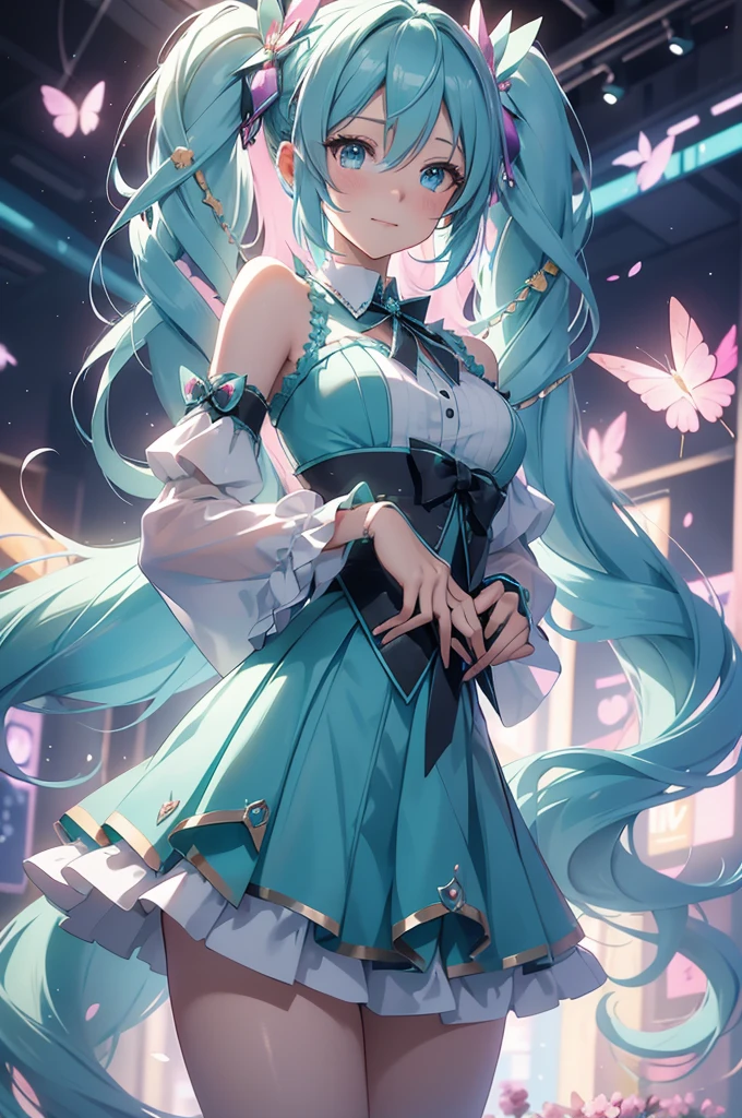 (best quality,4k,8k,highres,masterpiece:1.2),ultra-detailed,(realistic,photorealistic,photo-realistic:1.37),acrylic painting,Hatsune Miku in a ta dress with downy hair,Hatsune Miku with extremely colorful hair and detailed facial features,Hatsune Miku standing in a beautiful garden surrounded by a starry sky,Hatsune Miku wearing a vibrant Loliress,Hatsune Miku with intricate accessories and a matching hat,Hatsune Miku posing gracefully with her hands on her hips,Hatsune Miku with long flowing twintails,Hatsune Miku with bright blue eyes and rosy lips,Hatsune Miku with a joyful expression,Hatsune Miku in a dynamic pose with cherry blossoms falling around her,Hatsune Miku surrounded by colorful flowers and butterflies,Hatsune Miku's dress adorned with cute bows and lace details,Hatsune Miku with an enchanting smile,Hatsune Miku with soft, pastel-colored shading,Hatsune Miku with a magical glow illuminating her,Hatsune Miku in a picturesque setting with a winding path leading to a magnificent castle,Hatsune Miku holding a microphone and singing passionately,Hatsune Miku with a fairytale-like background,Hatsune Miku with a soft, dreamy atmosphere,Hatsune Miku with a subtle bokeh effect,Hatsune Miku standing under a moonlit sky,Hatsune Miku with a warm, golden sunset in the background,Hatsune Miku surrounded by twinkling stars and colorful nebulae,creating an ethereal and captivating artistic masterpiece.