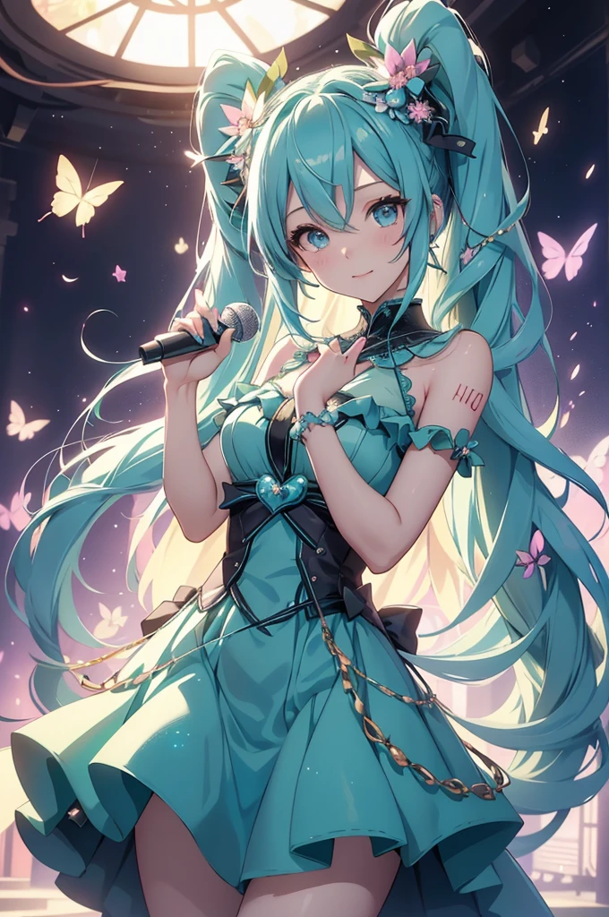 (best quality,4k,8k,highres,masterpiece:1.2),ultra-detailed,(realistic,photorealistic,photo-realistic:1.37),acrylic painting,Hatsune Miku in a Lolita dress with downy hair,Hatsune Miku with extremely colorful hair and detailed facial features,Hatsune Miku standing in a beautiful garden surrounded by a starry sky,Hatsune Miku wearing a vibrant Lolita dress,Hatsune Miku with intricate accessories and a matching hat,Hatsune Miku posing gracefully with her hands on her hips,Hatsune Miku with long flowing twintails,Hatsune Miku with bright blue eyes and rosy lips,Hatsune Miku with a joyful expression,Hatsune Miku in a dynamic pose with cherry blossoms falling around her,Hatsune Miku surrounded by colorful flowers and butterflies,Hatsune Miku's dress adorned with cute bows and lace details,Hatsune Miku with an enchanting smile,Hatsune Miku with soft, pastel-colored shading,Hatsune Miku with a magical glow illuminating her,Hatsune Miku in a picturesque setting with a winding path leading to a magnificent castle,Hatsune Miku holding a microphone and singing passionately,Hatsune Miku with a fairytale-like background,Hatsune Miku with a soft, dreamy atmosphere,Hatsune Miku with a subtle bokeh effect,Hatsune Miku standing under a moonlit sky,Hatsune Miku with a warm, golden sunset in the background,Hatsune Miku surrounded by twinkling stars and colorful nebulae,creating an ethereal and captivating artistic masterpiece. 