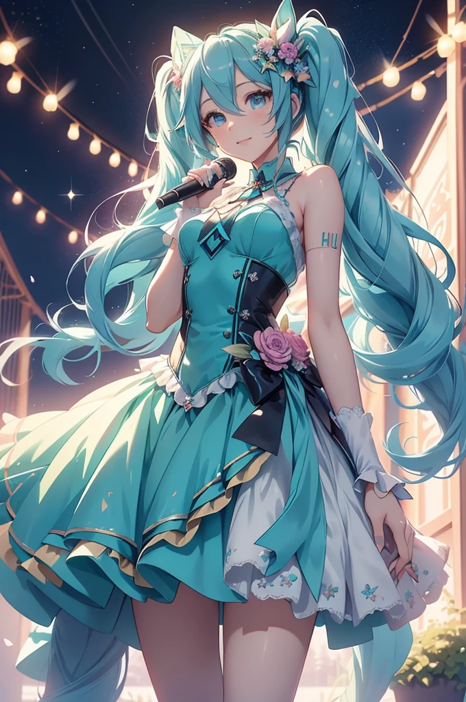 (best quality,4k,8k,highres,masterpiece:1.2),ultra-detailed,(realistic,photorealistic,photo-realistic:1.37),acrylic painting,Hatsune Miku in a Lolita dress with downy hair,Hatsune Miku with extremely colorful hair and detailed facial features,Hatsune Miku standing in a beautiful garden surrounded by a starry sky,Hatsune Miku wearing a vibrant Lolita dress,Hatsune Miku with intricate accessories and a matching hat,Hatsune Miku posing gracefully with her hands on her hips,Hatsune Miku with long flowing twintails,Hatsune Miku with bright blue eyes and rosy lips,Hatsune Miku with a joyful expression,Hatsune Miku in a dynamic pose with cherry blossoms falling around her,Hatsune Miku surrounded by colorful flowers and butterflies,Hatsune Miku's dress adorned with cute bows and lace details,Hatsune Miku with an enchanting smile,Hatsune Miku with soft, pastel-colored shading,Hatsune Miku with a magical glow illuminating her,Hatsune Miku in a picturesque setting with a winding path leading to a magnificent castle,Hatsune Miku holding a microphone and singing passionately,Hatsune Miku with a fairytale-like background,Hatsune Miku with a soft, dreamy atmosphere,Hatsune Miku with a subtle bokeh effect,Hatsune Miku standing under a moonlit sky,Hatsune Miku with a warm, golden sunset in the background,Hatsune Miku surrounded by twinkling stars and colorful nebulae,creating an ethereal and captivating artistic masterpiece. 