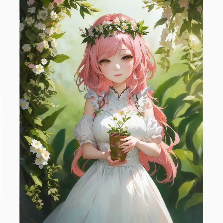anime girl with pink hair holding a potted plant in front of a tree, goddess of spring, guweiz on pixiv artstation, guweiz, official art, cute anime waifu in a nice dress, persephone in spring, guweiz on artstation pixiv, artwork in the style of guweiz, official artwork, goddess of summer