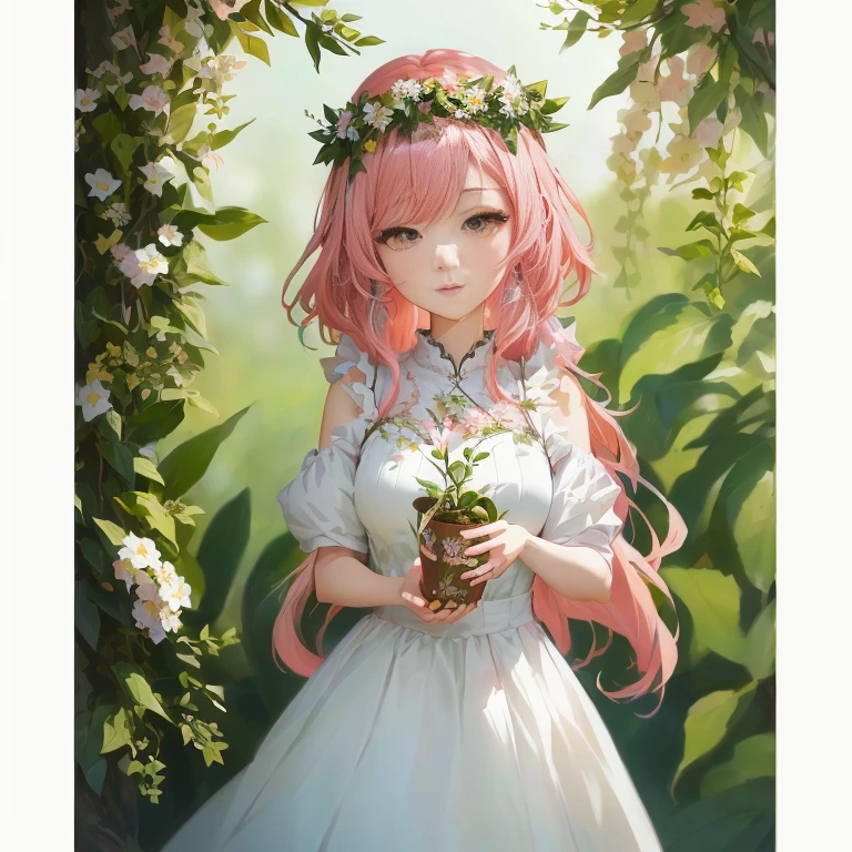 anime girl with pink hair holding a potted plant in front of a tree, goddess of spring, guweiz on pixiv artstation, guweiz, official art, cute anime waifu in a nice dress, persephone in spring, guweiz on artstation pixiv, artwork in the style of guweiz, official artwork, goddess of summer