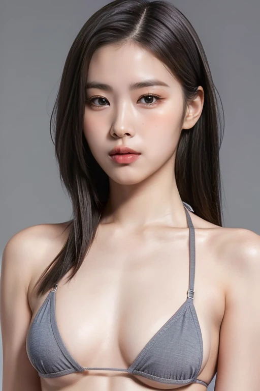 highest quality, masterpiece, Ultra-high resolution, (Realistic:1.4), RAW Photos, 19 years old, Simple gray background, ((Micro Bikini、Upper Body、Lean forward)), Looking at the audience