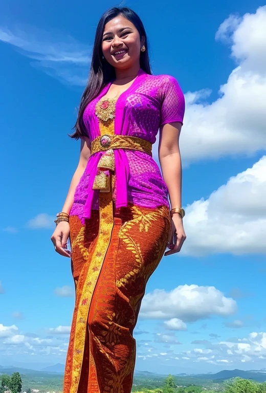 An indonesian goddess in a batik pattern kebaya, skydiving, parachute, bright blue sky as a background, real skin texture, long shot photography, masterpiece.