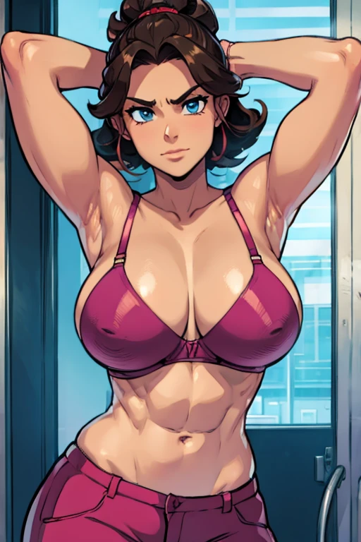 female manager in bra flexing her muscles