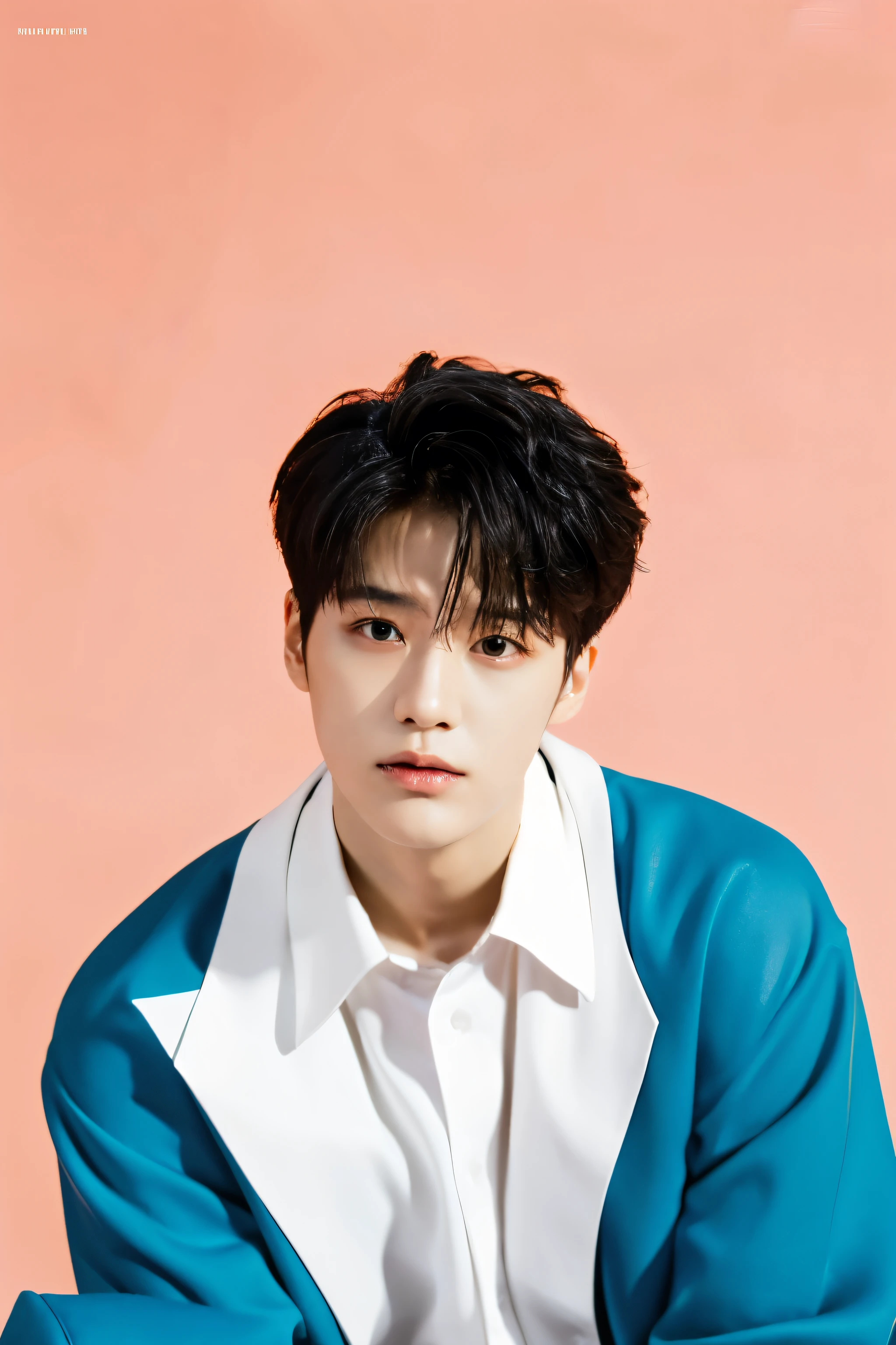 Full flower and paper shoot colorful background and backdrop,magazine photo,sexy pose,no text,short blazer,Handsome korean male,Center-parted hairstyle,a cassock,worship,angle tilted to the side,