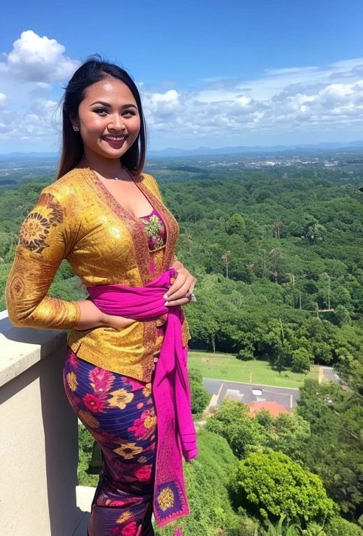 An indonesian goddess in a batik pattern kebaya, skydiving, parachute, bright blue sky as a background, real skin texture, long shot photography, masterpiece.