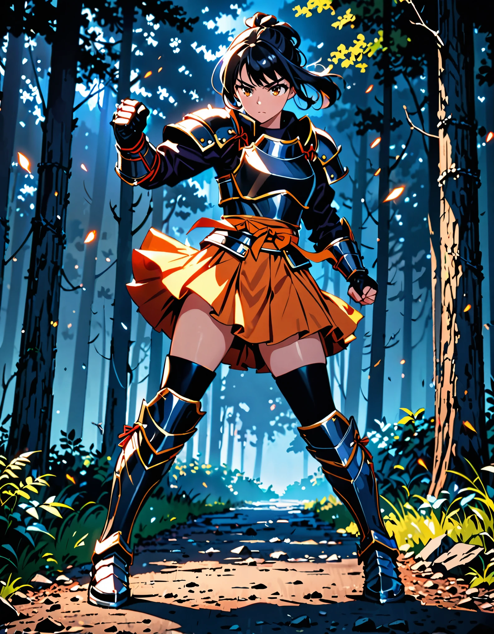 dramatic, gritty, intense, anime character, dynamic fighting pose, 1girl, solo, solo focus, (dark black hair, tied up hairstyle), (wearing black gloves), (wearing samurai armor, armored gauntlets, armored boots, thighhigh boots), (wearing a skirt, orange skirt. pleaded skirt), (black biker shorts), modern art, hair covering eyes, (clenched hand, clenched hands), forest, beautiful face, beautiful eyes, (brown eyes), vibrant colors, night, highest quality digital art, Stunning art, wallpaper 4k, 8k, k, HD, unparalleled masterpiece, best quality, full body, dynamic lighting, cinematic, epic, cowboy shot, full body with costume.