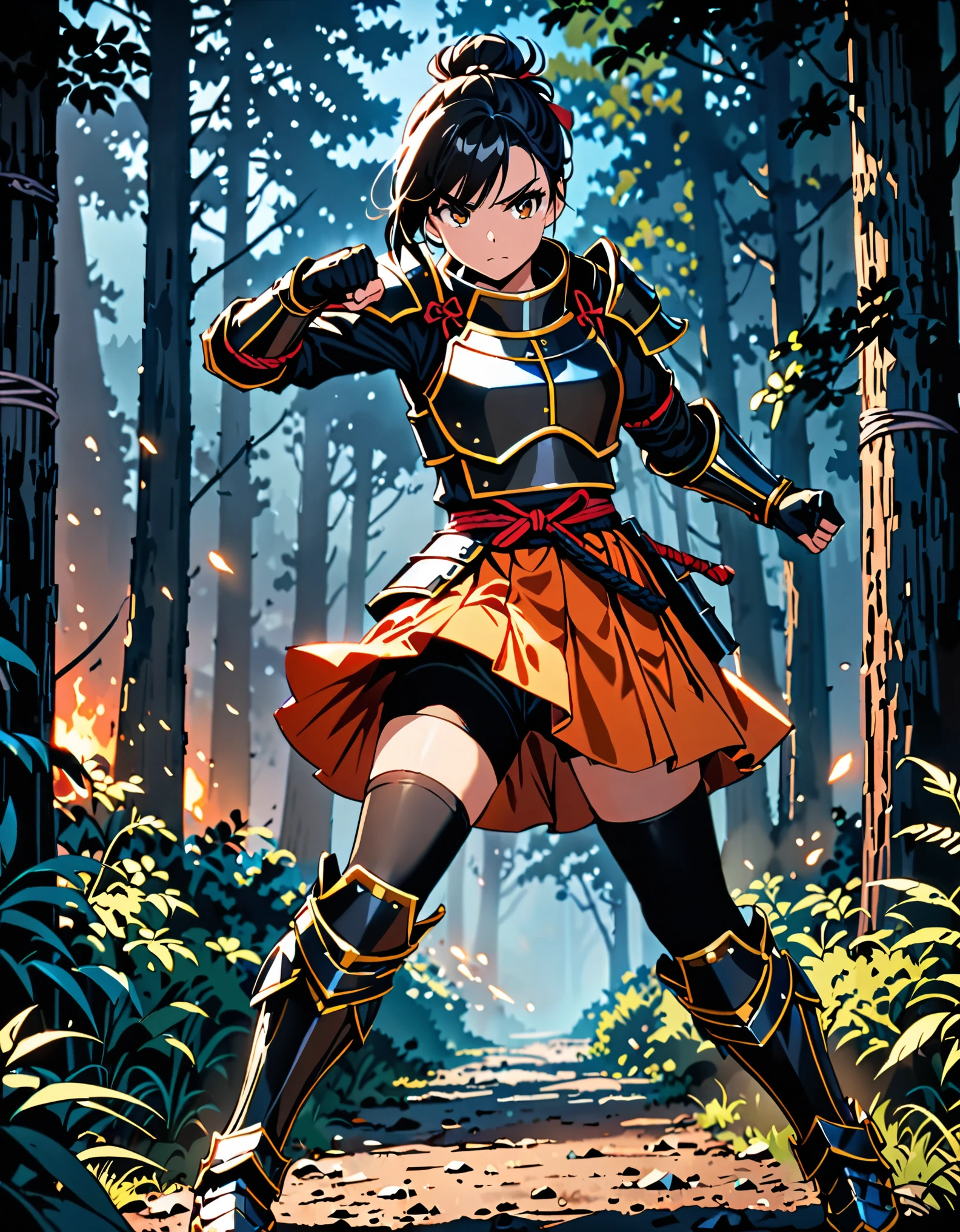 dramatic, gritty, intense, anime character, dynamic fighting pose, 1girl, solo, solo focus, (dark black hair, tied up hairstyle), (wearing black gloves), (wearing samurai armor, armored gauntlets, armored boots, thighhigh boots), (wearing a skirt, orange skirt. pleaded skirt), (black biker shorts), modern art, hair covering eyes, (clenched hand, clenched hands), forest, beautiful face, beautiful eyes, (brown eyes), vibrant colors, night, highest quality digital art, Stunning art, wallpaper 4k, 8k, k, HD, unparalleled masterpiece, best quality, full body, dynamic lighting, cinematic, epic, cowboy shot, full body with costume.