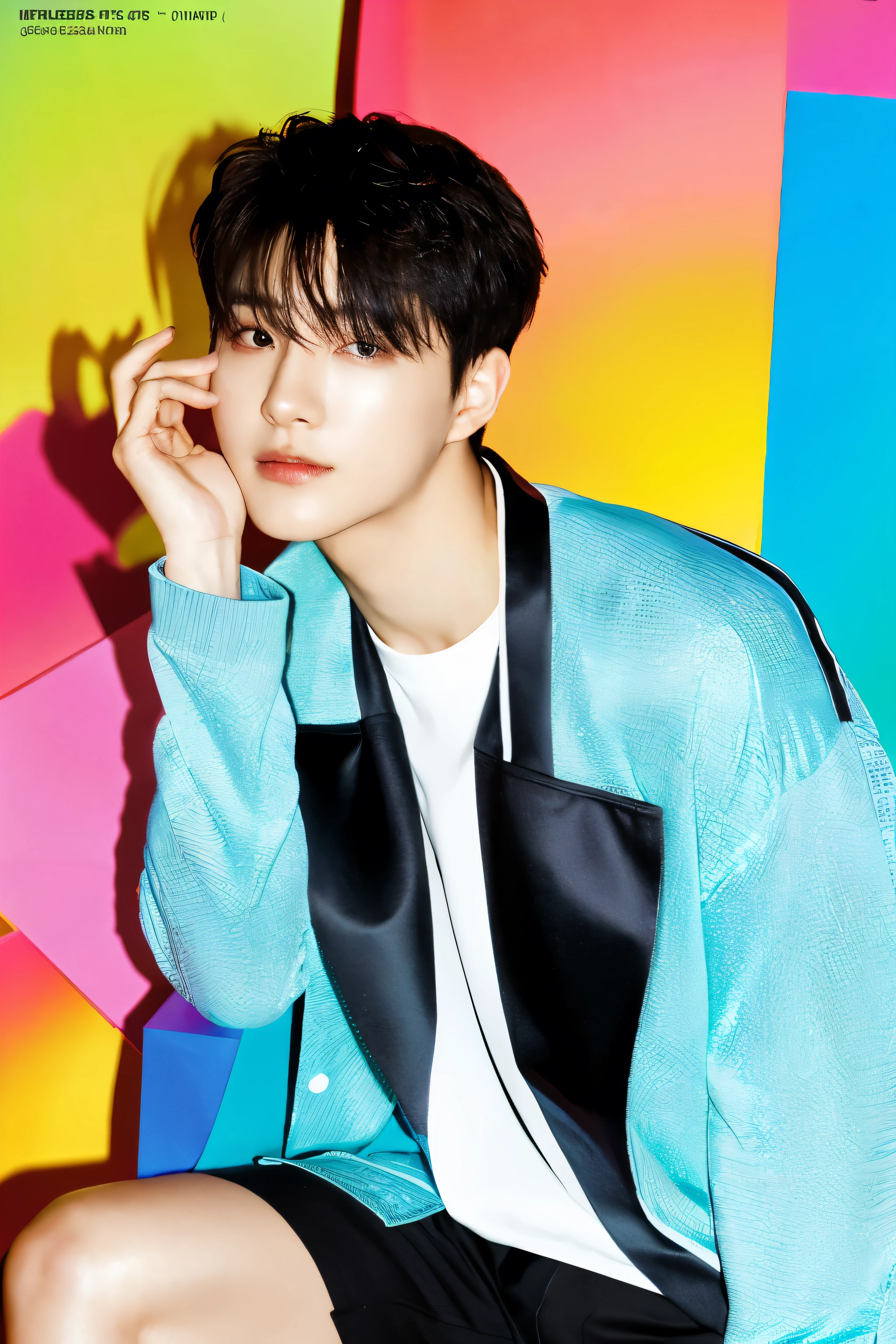 Full colorful background and backdrop,magazine photo,a paper shoot behind model,sexy pose,no text,short blazer,Handsome korean male,Center-parted hairstyle,a cassock,worship,angle tilted to the side,