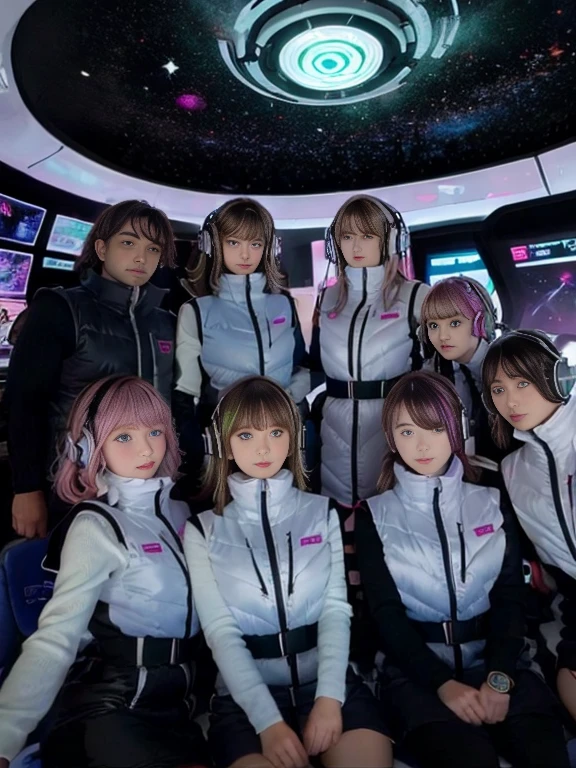 (Seven girls and one boy),(7 girls in a row),(Brunette color hair, Black-eyed ,Blonde ,White haired red eyed ,Purple hair and heterochromatic pupils ,Pink Hair, Green Eyes, change),(astrovest):3,headphones,Smart,futuristic space Classroom Background,BREAK inside spaceship room