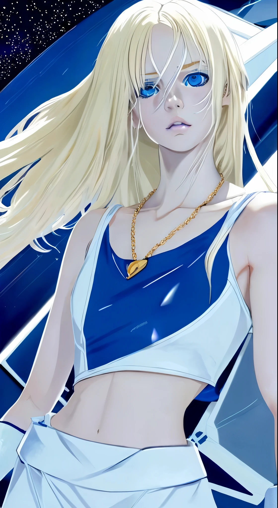 Young blonde anime, Aesthetic body, Dark blue eyes, Wearing white clothes with blue details, On a spaceship, With gold necklace