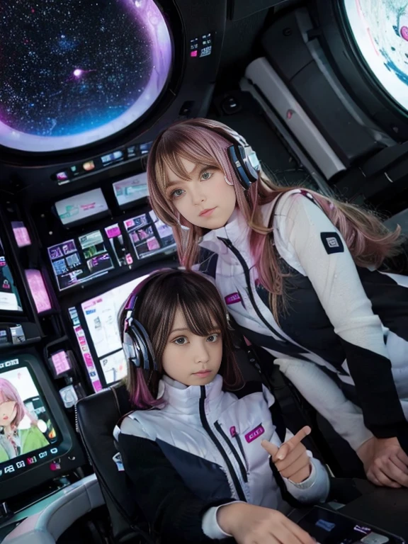 （Seven girls and one boy），（7 girls in a row）,（Brunette color hair, Black-eyed ，Blonde ，White haired red eyed ，Purple hair and heterochromatic pupils ，Pink Hair, Green Eyes, change）,(astrovest):3,headphones,Smart,futuristic space Classroom Background,BREAK inside spaceship room