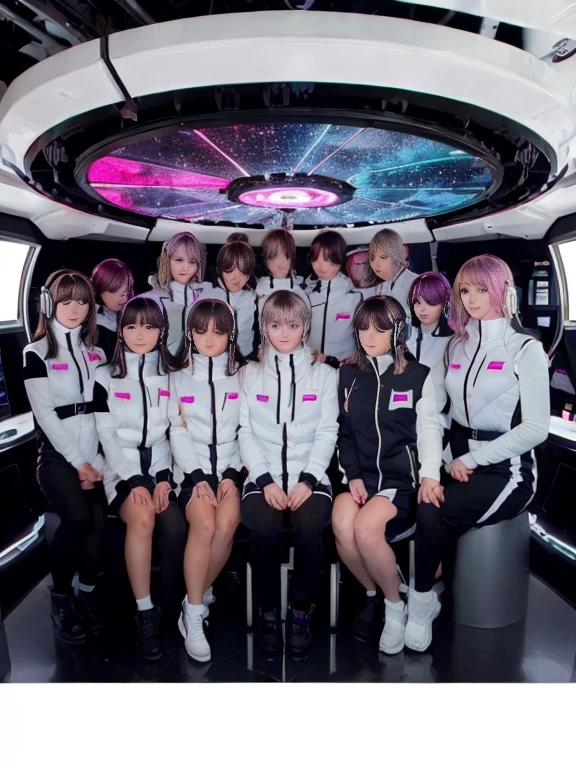 （Seven girls and one boy），（7 girls in a row）,（Brunette color hair, Black-eyed ，Blonde ，White haired red eyed ，Purple hair and heterochromatic pupils ，Pink Hair, Green Eyes, change）,(astrovest):3,headphones,Smart,futuristic space Classroom Background,BREAK inside spaceship room