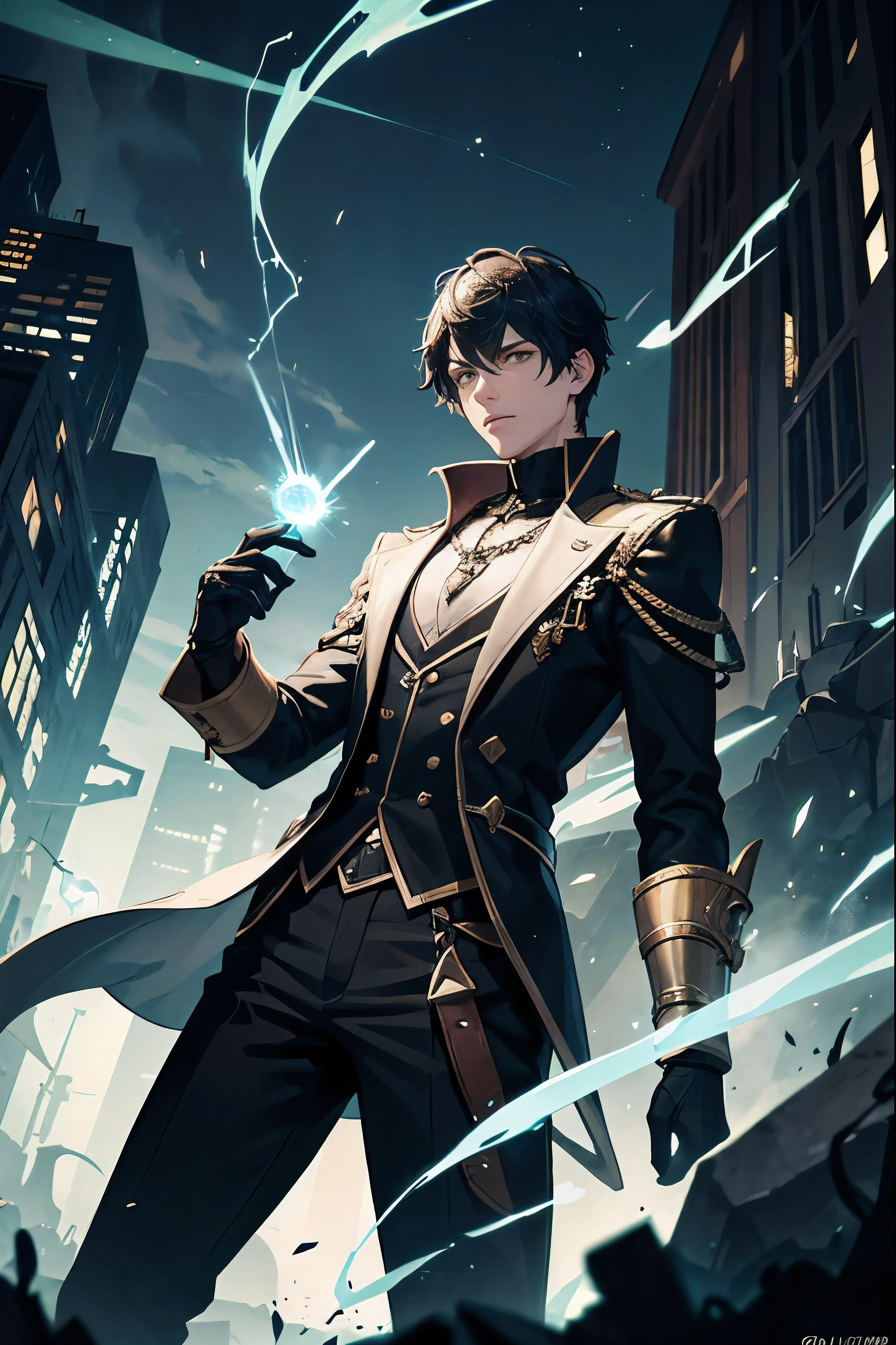 A young man necromancer in his twenties in a cool position holding a green spell in his left hand and a lot of sparks around him; A destroyed city is in the background; Night Sky; Focus on details; Masterpiece;