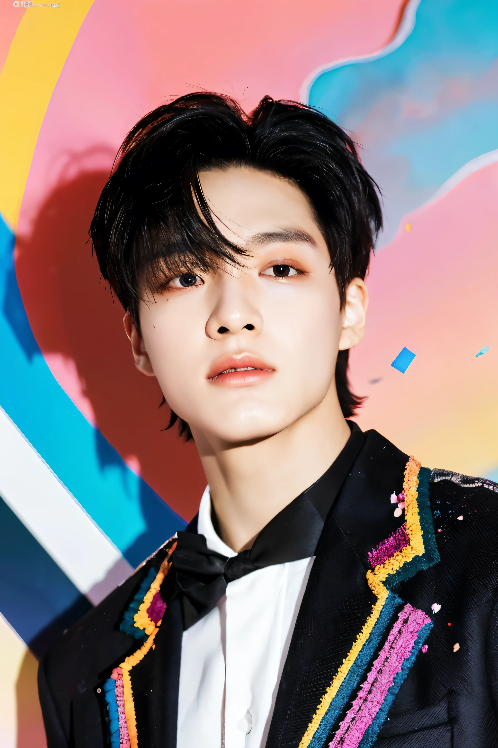 Full smoke flower and Confetti colorful background and backdrop,magazine photo,sexy pose,no text,short blazer,Handsome korean male,Center-parted hairstyle,a cassock,worship,angle tilted to the side,