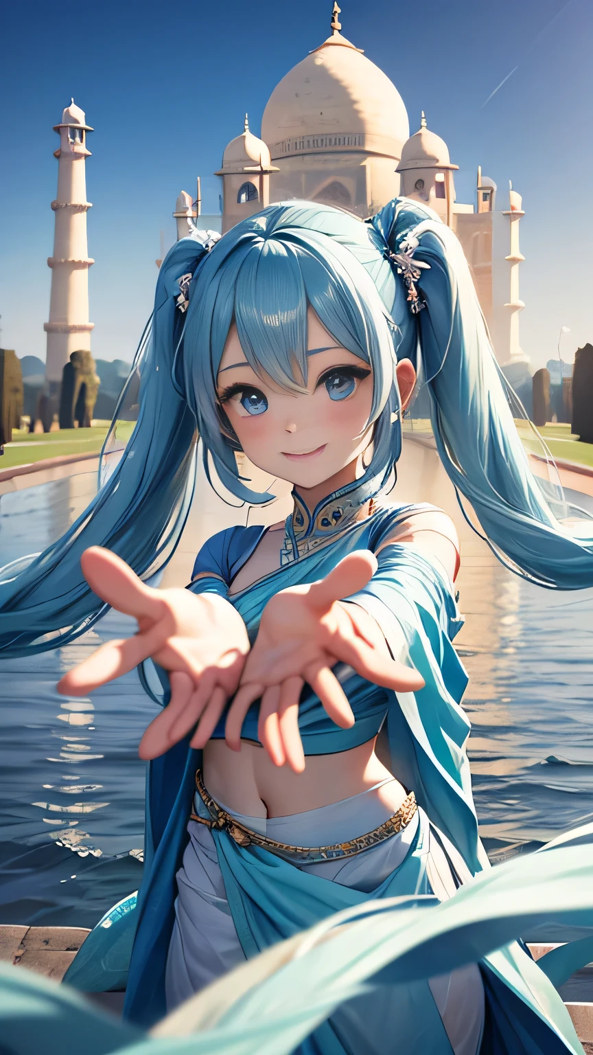 Long light blue hair, twin tails, sparkling blue eyes, wearing a sari with arms outstretched in front of the Taj Mahal, a world heritage site, smiling