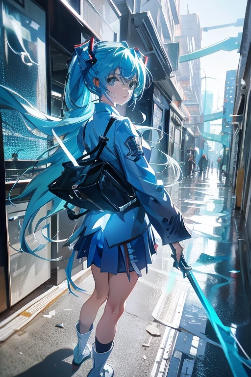 miku anime azul en una zona urbana 