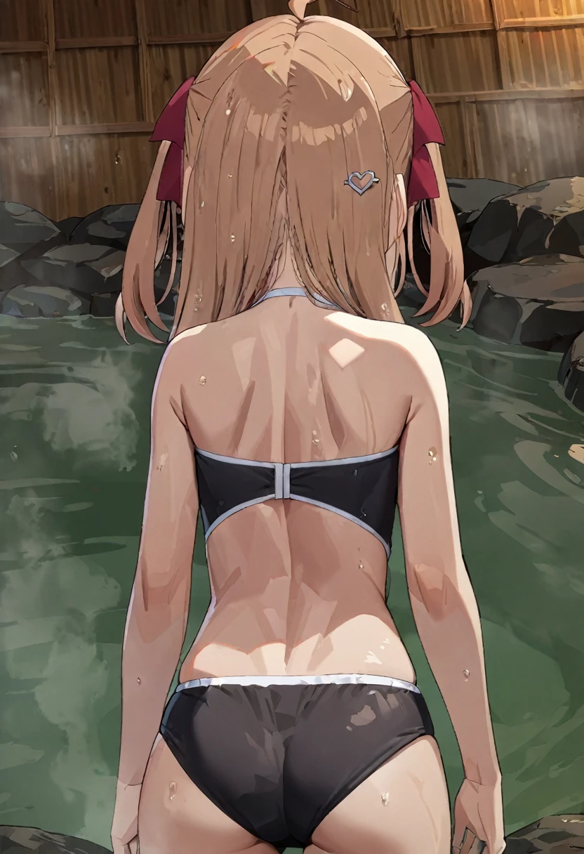 1girl, evil neuro-sama, (yuzu modoki), red eyes, light brown hair, ahoge, two side up, hair ribbon, dark red ribbon, heart hair ornament, (masterpiece, best quality), highly detailed, finely detailed, natural lighting, detailed scenery, wet, steam, outside, onsen, swimsuit back, back focus, from behind,