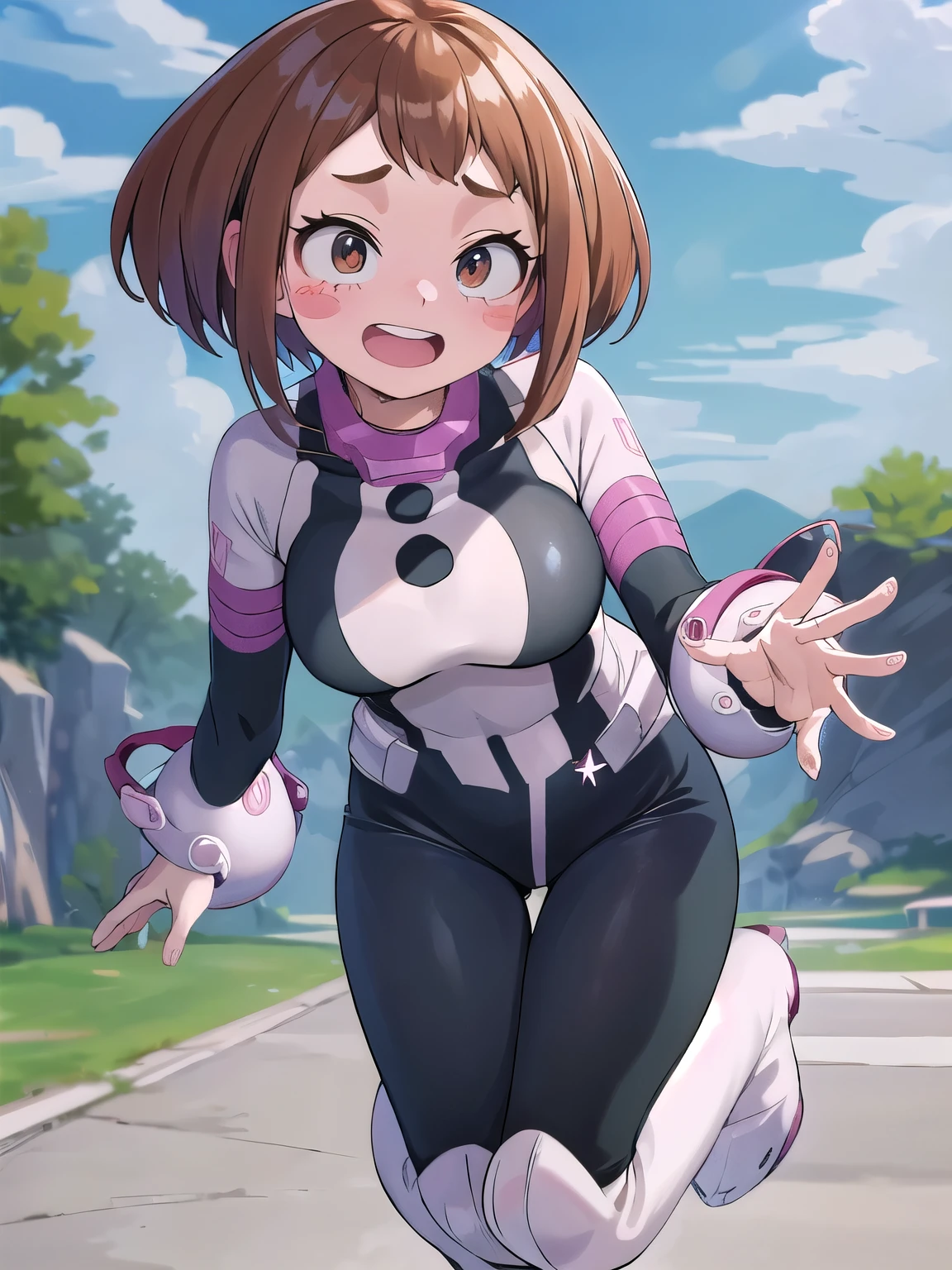 masterpiece, highest quality, High resolution, Mochako, ブラッシュStickers, short hair,Big Breasts、 Superhero, ボディsuit, boots, Jump, bound, magic, smile, mouthをOpen, null, cloud, magic、Ochako_Uraraka, One girl, smile, alone, Open_mouth, blush_Stickers, blush, Jacket, staisium, teeth, Tracking_Jacket, :is, chest, encounter_Audience, Happy, Tracking_suit, length_sleeve, Sportswear, outisoors, upper_teeth_only,sexyポーズ、Leaning forward、blush、Audienceを見る、cute、chestはFカップ、chestが大きい、Embarrassed face、Mischievous Smile、超sexy、sexy、Erotic、chestはEカップ。