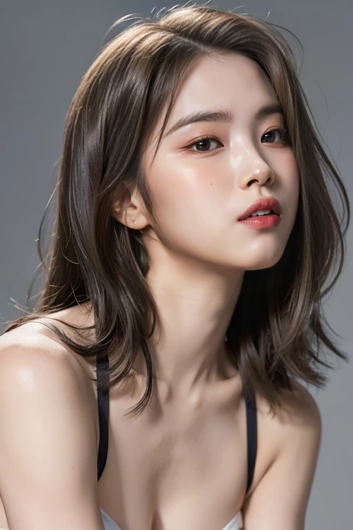 highest quality, masterpiece, Ultra-high resolution, (Realistic:1.4), RAW Photos, 19 years old, Simple gray background, ((Micro Bikini、Upper Body、Lean forward、Disheveled Hair)), Looking at the audience