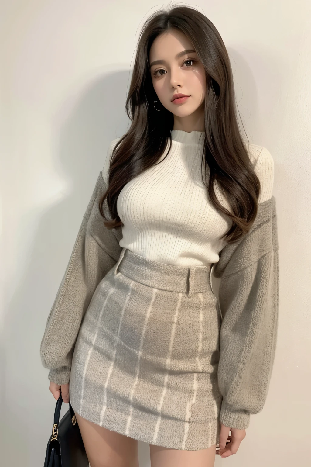 wool blouse, saia de couro,noite,parede pixada,mulher