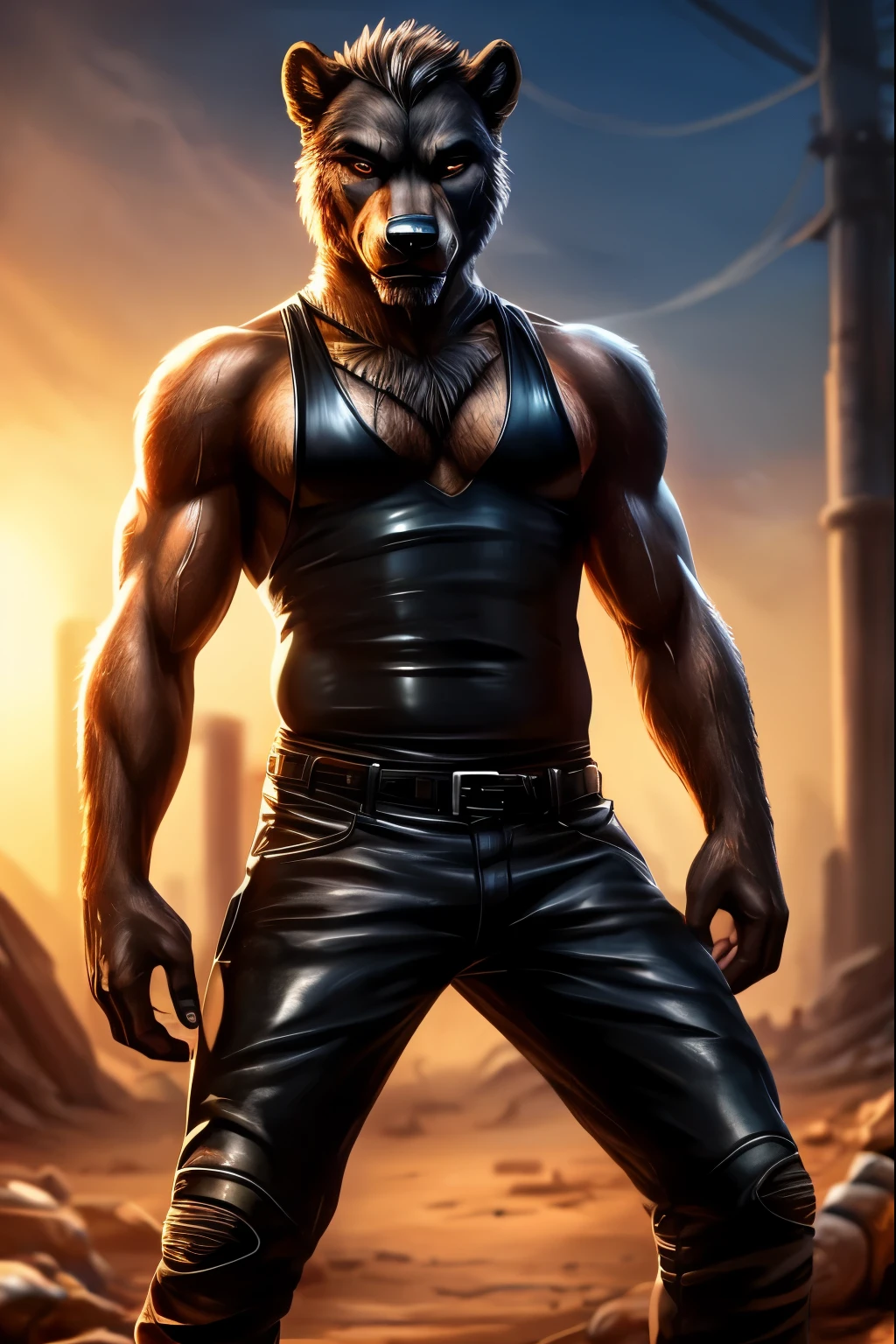 Masterpieces, furry, male, kinky, Anthropomorphic, full body, old age, rugged, twink, black wolf, feminine body type, Delicate eyes, white goatee, grizzled fur, glistening body, biker, thug, ebony skin, depth of field, warm lighting, bright lighting, (best quality),(masterpiece),(ultra detailed), sharp focus, wasteland background, fierce look, evil grins, scars, glossy, oiled up skin, black trousers, tight tanktop