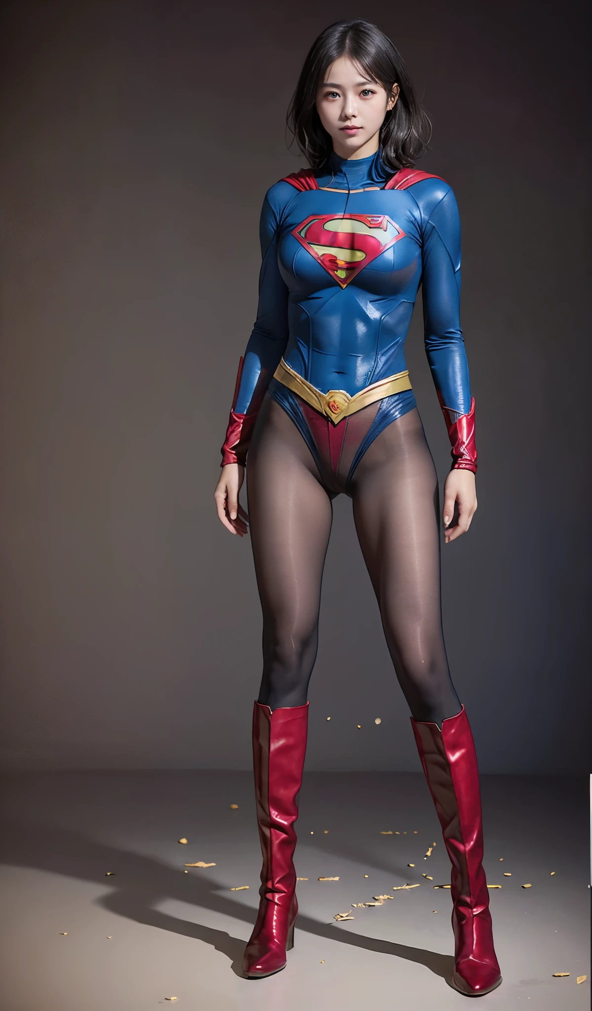 No background、(((Beautiful legs in black tights.)))、(((Legally express the beauty of your smile)))、((((Make the most of your original images)))、(((Supergirl Costume)))、(((Beautiful short bob hair)))、(((suffering)))、(((Please wear black tights....、Wear red boots)))、((Best image quality、8k))、((highest quality、8k、masterpiece:1.3))、(((Preserve background )))、Sharp focus:1.2、Beautiful woman with perfect figure:1.4、Slim Abs:1.2、Wet body:1.5、Highly detailed face and skin texture、8k