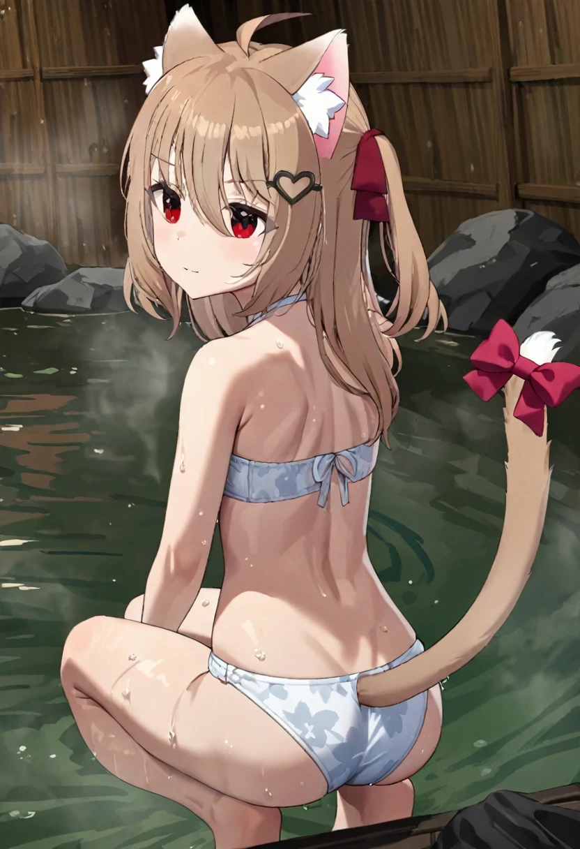 1girl, evil neuro-sama, (yuzu modoki), red eyes, light brown hair, ahoge, two side up, hair ribbon, dark red ribbon, heart hair ornament, (masterpiece, best quality), highly detailed, finely detailed, natural lighting, detailed scenery, wet, steam, outside, onsen, swimsuit back, back focus, from behind, looking back, cat ears, cat tail, tail bow, squatting,