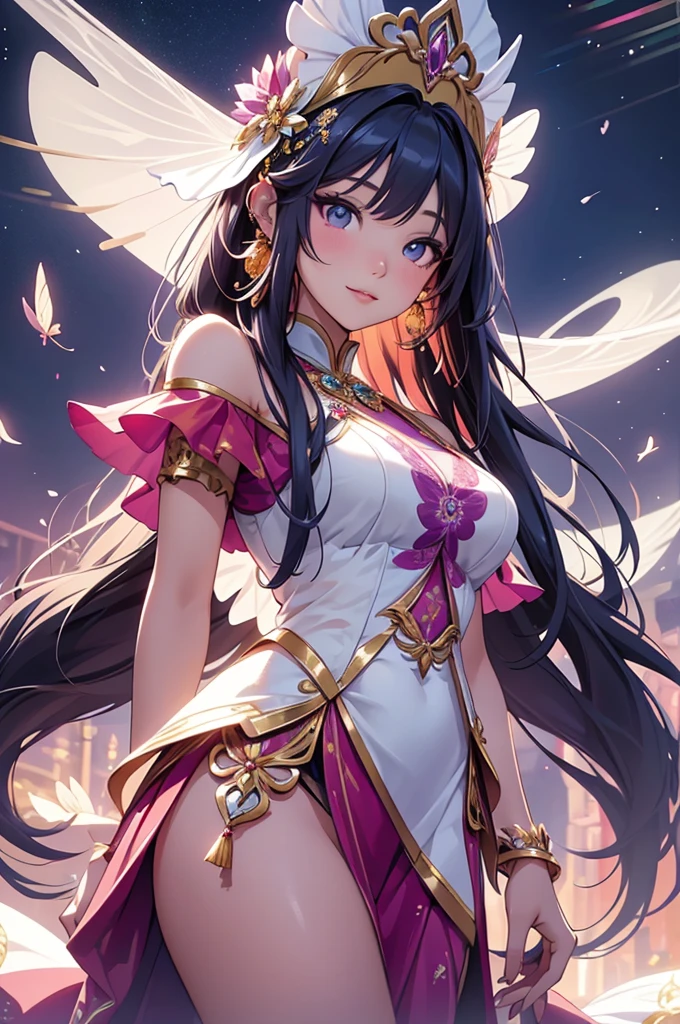 (best quality,4k,8k,highres,masterpiece:1.2),ultra-detailed,(realistic,photorealistic,photo-realistic:1.37),acrylic painting,beautiful Thai model in a Lolita dress with downy hair,beautiful Thai model with extremely colorful hair and detailed facial features,beautiful Thai model standing in a beautiful garden surrounded by a starry sky,beautiful Thai model wearing a vibrant Lolita dress,beautiful Thai model with intricate accessories and a matching hat,beautiful Thai model posing gracefully with her hands on her hips,beautiful Thai model with long flowing twintails,beautiful Thai model with bright blue eyes and rosy lips,beautiful Thai model with a joyful expression,beautiful Thai model in a dynamic pose with cherry blossoms falling around her,beautiful Thai model surrounded by colorful flowers and butterflies,beautiful Thai model's dress adorned with cute bows and lace details,beautiful Thai model with an enchanting smile,beautiful Thai model with soft, pastel-colored shading,beautiful Thai model with a magical glow illuminating her,beautiful Thai model in a picturesque setting with a winding path leading to a magnificent castle,beautiful Thai model holding a microphone and singing passionately,beautiful Thai model with a fairytale-like background,beautiful Thai model with a soft, dreamy atmosphere,beautiful Thai model with a subtle bokeh effect,beautiful Thai model standing under a moonlit sky,beautiful Thai model with a warm, golden sunset in the background,beautiful Thai model surrounded by twinkling stars and colorful nebulae,creating an ethereal and captivating artistic masterpiece.