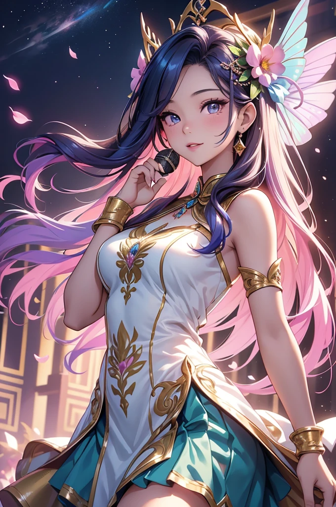 (best quality,4k,8k,highres,masterpiece:1.2),ultra-detailed,(realistic,photorealistic,photo-realistic:1.37),acrylic painting,beautiful Thai model in a ta dress with downy hair,beautiful Thai model with extremely colorful hair and detailed facial features,beautiful Thai model standing in a beautiful garden surrounded by a starry sky,beautiful Thai model wearing a vibrant Loliress,beautiful Thai model with intricate accessories and a matching hat,beautiful Thai model posing gracefully with her hands on her hips,beautiful Thai model with long flowing twintails,beautiful Thai model with bright blue eyes and rosy lips,beautiful Thai model with a joyful expression,beautiful Thai model in a dynamic pose with cherry blossoms falling around her,beautiful Thai model surrounded by colorful flowers and butterflies,beautiful Thai model's dress adorned with cute bows and lace details,beautiful Thai model with an enchanting smile,beautiful Thai model with soft, pastel-colored shading,beautiful Thai model with a magical glow illuminating her,beautiful Thai model in a picturesque setting with a winding path leading to a magnificent castle,beautiful Thai model holding a microphone and singing passionately,beautiful Thai model with a fairytale-like background,beautiful Thai model with a soft, dreamy atmosphere,beautiful Thai model with a subtle bokeh effect,beautiful Thai model standing under a moonlit sky,beautiful Thai model with a warm, golden sunset in the background,beautiful Thai model surrounded by twinkling stars and colorful nebulae,creating an ethereal and captivating artistic masterpiece.