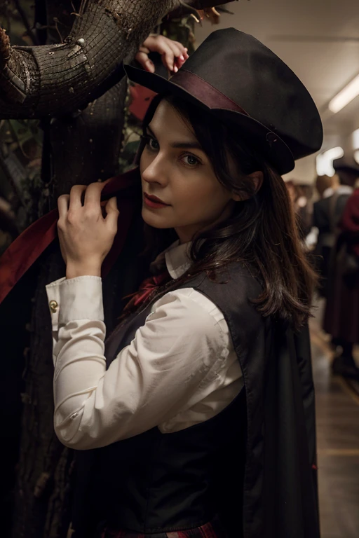 dark tree, vampire with a red cape, on top of the tree, looking at the flight attendant, looking at the priest and the cowboy, domestic woman in a skirt, 8k, 