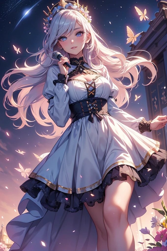 (best quality,4k,8k,highres,masterpiece:1.2),ultra-detailed,(realistic,photorealistic,photo-realistic:1.37),acrylic painting,beautiful Swedish model in a Lolita dress with downy hair,beautiful Swedish model with extremely colorful hair and detailed facial features,beautiful Swedish model standing in a beautiful garden surrounded by a starry sky,beautiful Swedish model wearing a vibrant Lolita dress,beautiful Swedish model with intricate accessories and a matching hat,beautiful Swedish model posing gracefully with her hands on her hips,beautiful Swedish model with long flowing twintails,beautiful Swedish model with bright blue eyes and rosy lips,beautiful Swedish model with a joyful expression,beautiful Swedish model in a dynamic pose with cherry blossoms falling around her,beautiful Swedish model surrounded by colorful flowers and butterflies,beautiful Swedish model's dress adorned with cute bows and lace details,beautiful Swedish model with an enchanting smile,beautiful Swedish model with soft, pastel-colored shading,beautiful Swedish model with a magical glow illuminating her,beautiful Swedish model in a picturesque setting with a winding path leading to a magnificent castle,beautiful Swedish model holding a microphone and singing passionately,beautiful Swedish model with a fairytale-like background,beautiful Swedish model with a soft, dreamy atmosphere,beautiful Swedish model with a subtle bokeh effect,beautiful Swedish model standing under a moonlit sky,beautiful Swedish model with a warm, golden sunset in the background,beautiful Swedish model surrounded by twinkling stars and colorful nebulae,creating an ethereal and captivating artistic masterpiece. 