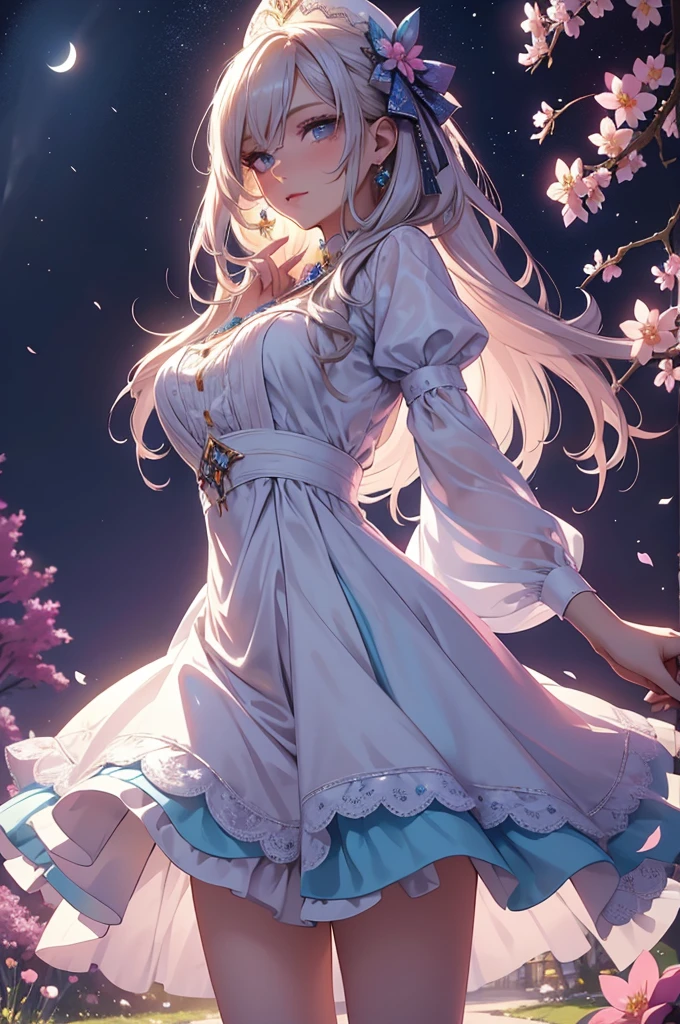 (best quality,4k,8k,highres,masterpiece:1.2),ultra-detailed,(realistic,photorealistic,photo-realistic:1.37),acrylic painting,beautiful Swedish model in a Lolita dress with downy hair,beautiful Swedish model with extremely colorful hair and detailed facial features,beautiful Swedish model standing in a beautiful garden surrounded by a starry sky,beautiful Swedish model wearing a vibrant Lolita dress,beautiful Swedish model with intricate accessories and a matching hat,beautiful Swedish model posing gracefully with her hands on her hips,beautiful Swedish model with long flowing twintails,beautiful Swedish model with bright blue eyes and rosy lips,beautiful Swedish model with a joyful expression,beautiful Swedish model in a dynamic pose with cherry blossoms falling around her,beautiful Swedish model surrounded by colorful flowers and butterflies,beautiful Swedish model's dress adorned with cute bows and lace details,beautiful Swedish model with an enchanting smile,beautiful Swedish model with soft, pastel-colored shading,beautiful Swedish model with a magical glow illuminating her,beautiful Swedish model in a picturesque setting with a winding path leading to a magnificent castle,beautiful Swedish model holding a microphone and singing passionately,beautiful Swedish model with a fairytale-like background,beautiful Swedish model with a soft, dreamy atmosphere,beautiful Swedish model with a subtle bokeh effect,beautiful Swedish model standing under a moonlit sky,beautiful Swedish model with a warm, golden sunset in the background,beautiful Swedish model surrounded by twinkling stars and colorful nebulae,creating an ethereal and captivating artistic masterpiece. 