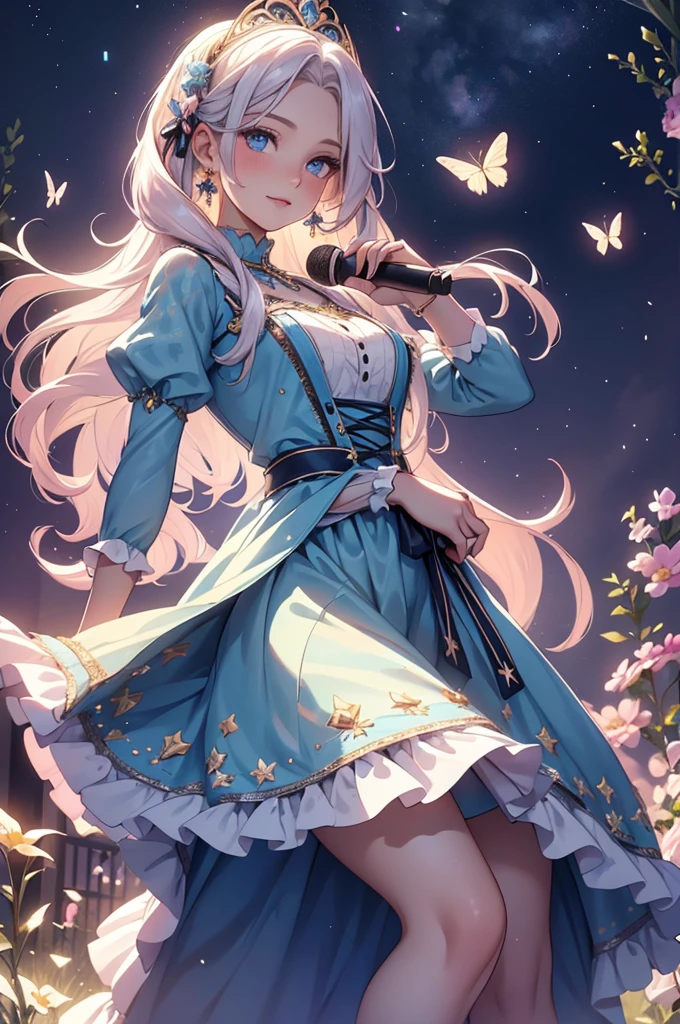 (best quality,4k,8k,highres,masterpiece:1.2),ultra-detailed,(realistic,photorealistic,photo-realistic:1.37),acrylic painting,beautiful Swedish model in a Lolita dress with downy hair,beautiful Swedish model with extremely colorful hair and detailed facial features,beautiful Swedish model standing in a beautiful garden surrounded by a starry sky,beautiful Swedish model wearing a vibrant Lolita dress,beautiful Swedish model with intricate accessories and a matching hat,beautiful Swedish model posing gracefully with her hands on her hips,beautiful Swedish model with long flowing twintails,beautiful Swedish model with bright blue eyes and rosy lips,beautiful Swedish model with a joyful expression,beautiful Swedish model in a dynamic pose with cherry blossoms falling around her,beautiful Swedish model surrounded by colorful flowers and butterflies,beautiful Swedish model's dress adorned with cute bows and lace details,beautiful Swedish model with an enchanting smile,beautiful Swedish model with soft, pastel-colored shading,beautiful Swedish model with a magical glow illuminating her,beautiful Swedish model in a picturesque setting with a winding path leading to a magnificent castle,beautiful Swedish model holding a microphone and singing passionately,beautiful Swedish model with a fairytale-like background,beautiful Swedish model with a soft, dreamy atmosphere,beautiful Swedish model with a subtle bokeh effect,beautiful Swedish model standing under a moonlit sky,beautiful Swedish model with a warm, golden sunset in the background,beautiful Swedish model surrounded by twinkling stars and colorful nebulae,creating an ethereal and captivating artistic masterpiece.