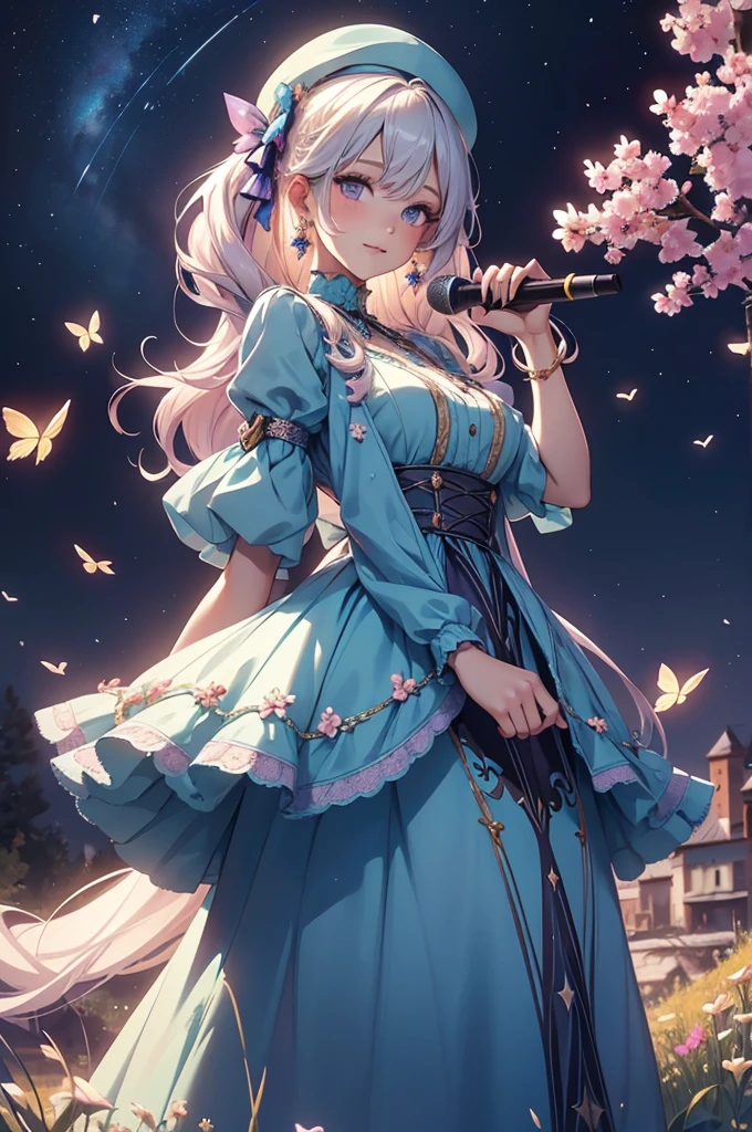 (best quality,4k,8k,highres,masterpiece:1.2),ultra-detailed,(realistic,photorealistic,photo-realistic:1.37),acrylic painting,beautiful Swedish model in a Lolita dress with downy hair,beautiful Swedish model with extremely colorful hair and detailed facial features,beautiful Swedish model standing in a beautiful garden surrounded by a starry sky,beautiful Swedish model wearing a vibrant Lolita dress,beautiful Swedish model with intricate accessories and a matching hat,beautiful Swedish model posing gracefully with her hands on her hips,beautiful Swedish model with long flowing twintails,beautiful Swedish model with bright blue eyes and rosy lips,beautiful Swedish model with a joyful expression,beautiful Swedish model in a dynamic pose with cherry blossoms falling around her,beautiful Swedish model surrounded by colorful flowers and butterflies,beautiful Swedish model's dress adorned with cute bows and lace details,beautiful Swedish model with an enchanting smile,beautiful Swedish model with soft, pastel-colored shading,beautiful Swedish model with a magical glow illuminating her,beautiful Swedish model in a picturesque setting with a winding path leading to a magnificent castle,beautiful Swedish model holding a microphone and singing passionately,beautiful Swedish model with a fairytale-like background,beautiful Swedish model with a soft, dreamy atmosphere,beautiful Swedish model with a subtle bokeh effect,beautiful Swedish model standing under a moonlit sky,beautiful Swedish model with a warm, golden sunset in the background,beautiful Swedish model surrounded by twinkling stars and colorful nebulae,creating an ethereal and captivating artistic masterpiece.
