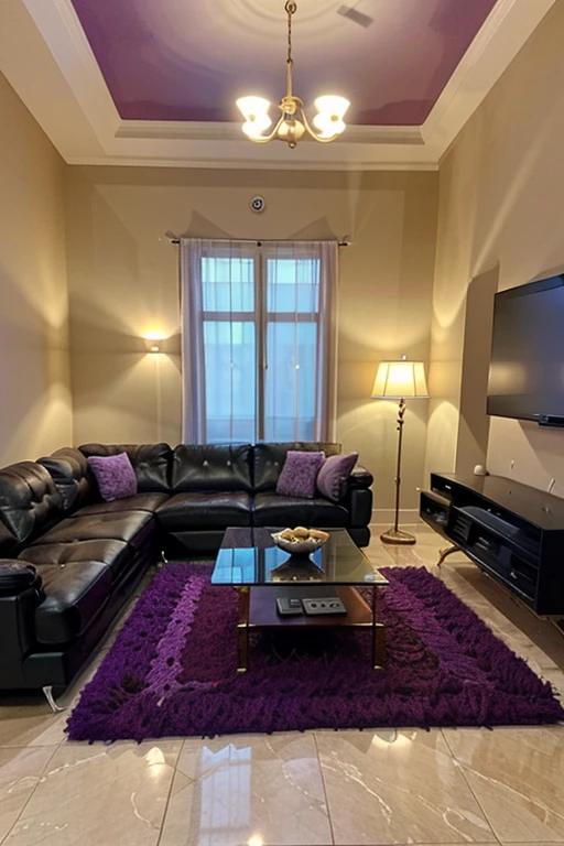 UHD, ultra-high resolution, photo realistic 1.4. A modern living room, one purple shaggy purple rug on floor, solid color dark purple, chandelier, nighttime, window view, One black sectional couch. Glass coffee table. Marble floor. Flat screen TV on wall to view from couch. Luxury apartment.