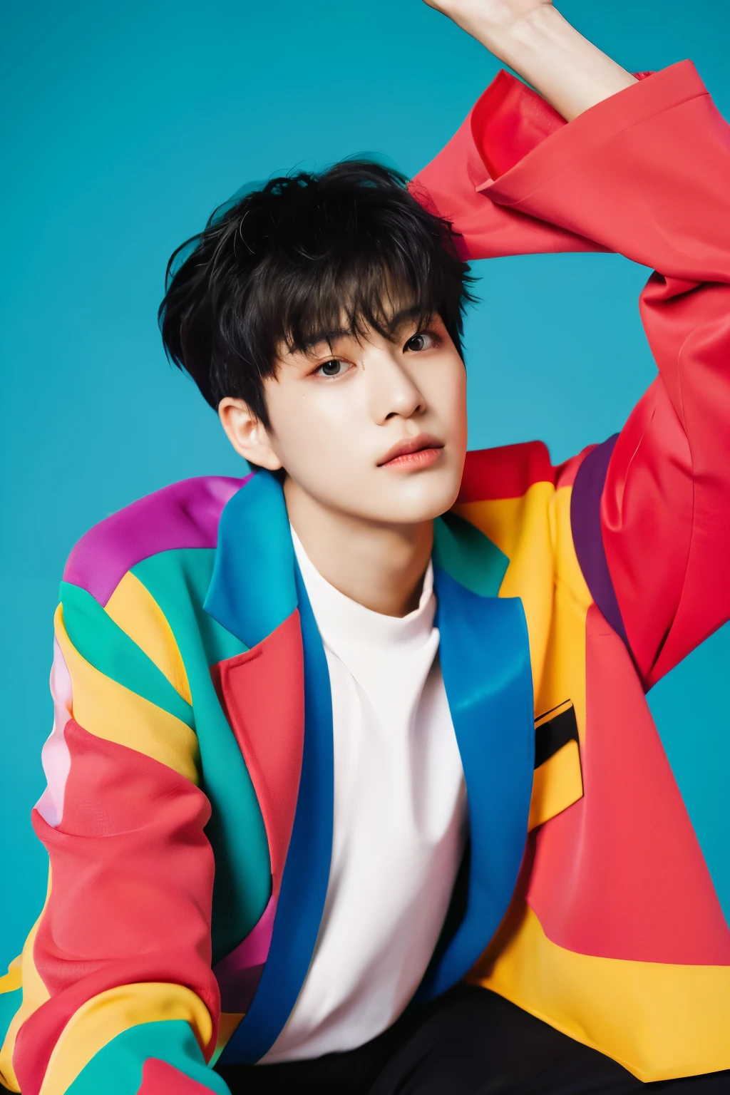 Full colorful background and backdrop,magazine photo,a paper shoot behind model,sexy pose,no text,short blazer,Handsome korean male,Center-parted hairstyle,a cassock,worship,angle tilted to the side,