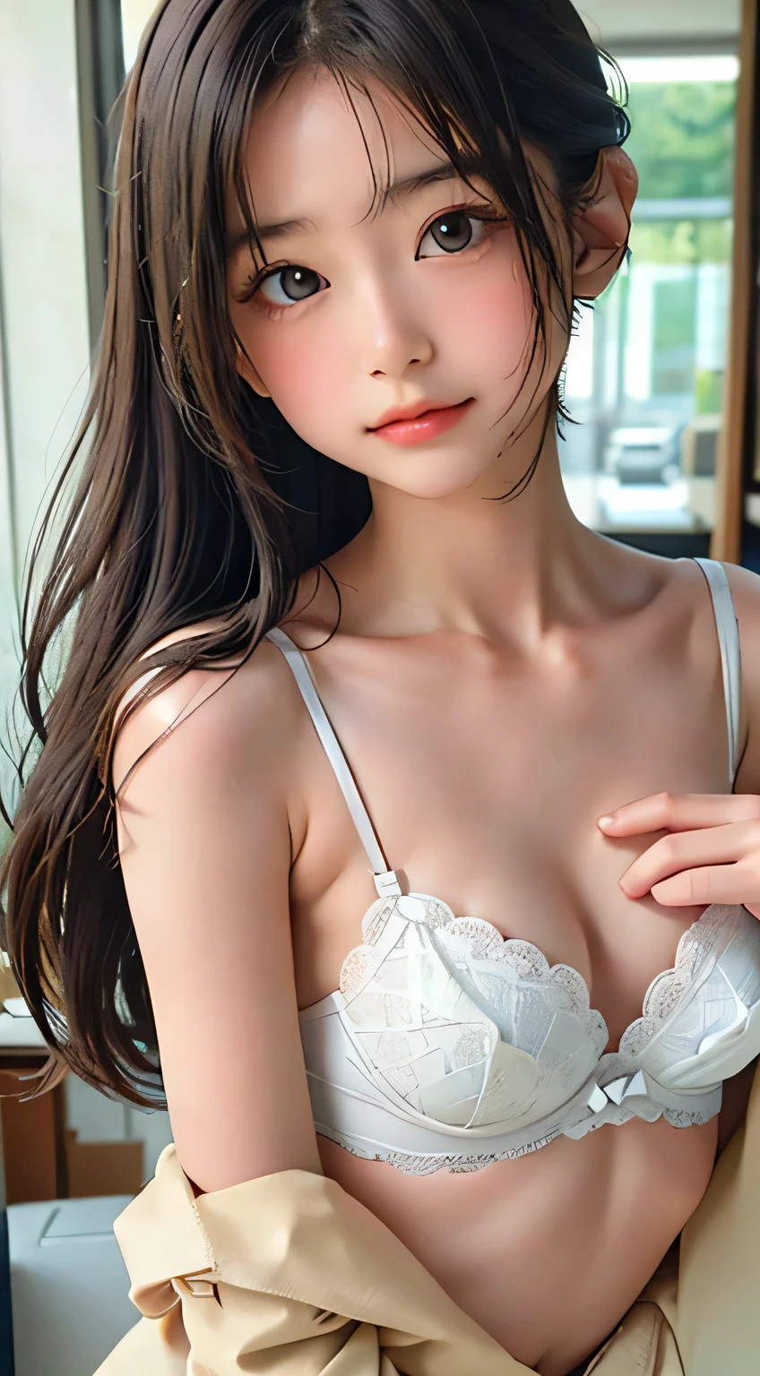 highest quality, RAW Photos, Realistic, face, Incredibly beautiful girl, cute, Long Hair,ponytail,Written boundary depth, High resolution, Super detailed, detailed, Very detaileded, extremely detaileded eye and face, Sharp pupils, Realistic students, Sharp focus, Cinema Lighting, flat breasts, small breasts, small,( small bust: 1.2), small bust, (slim, small, flat, small), thin, Delicate and sexy collarbone, (White shirt:1.2), (Lifting ワイシャツ to show off a small white bra:1.5))),((Whole Body Ezbian)),