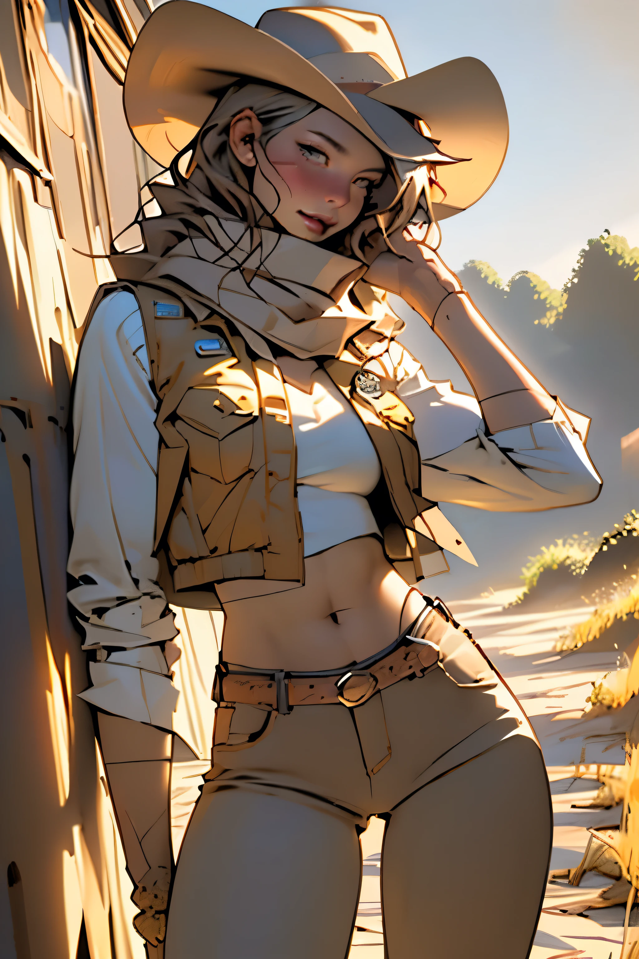 (highest quality, Super detailed, realistic:1.37), outdoor, slim girl, beautiful face, detailed and beautiful eyes, beautiful detailed lips, cowboy hat, vest, slim waist, slender thighs, thigh gap, show belly, pants, scarf, With confidence, medium chest, dusty farm landscape, golden hour lighting