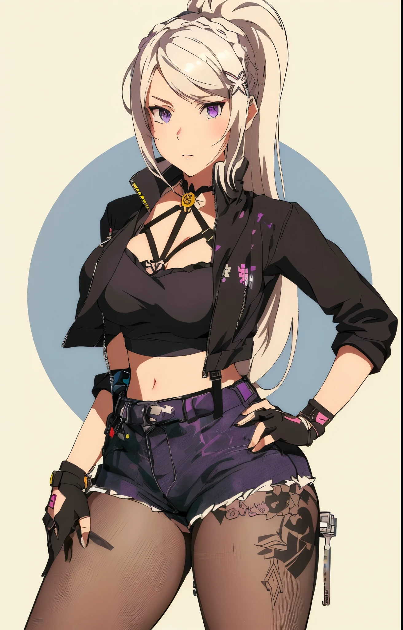 Emilia re:zero, purple eyes, Emilia, crown braid, x hair ornament, flower hair ornament, white hair, long hair, medium breasts, there is a cartoon picture of a woman with a tattoo on her chest, urban girl fanart, anime style character, in style of digital illustration, anime styled, cyberpunk style outfit, realistic artstyle, cartoon artstyle, anime inspired, mechanic punk outfit, anime styled digital art, anime styled 3d, style anime, modern anime style, cyberpunk outfit